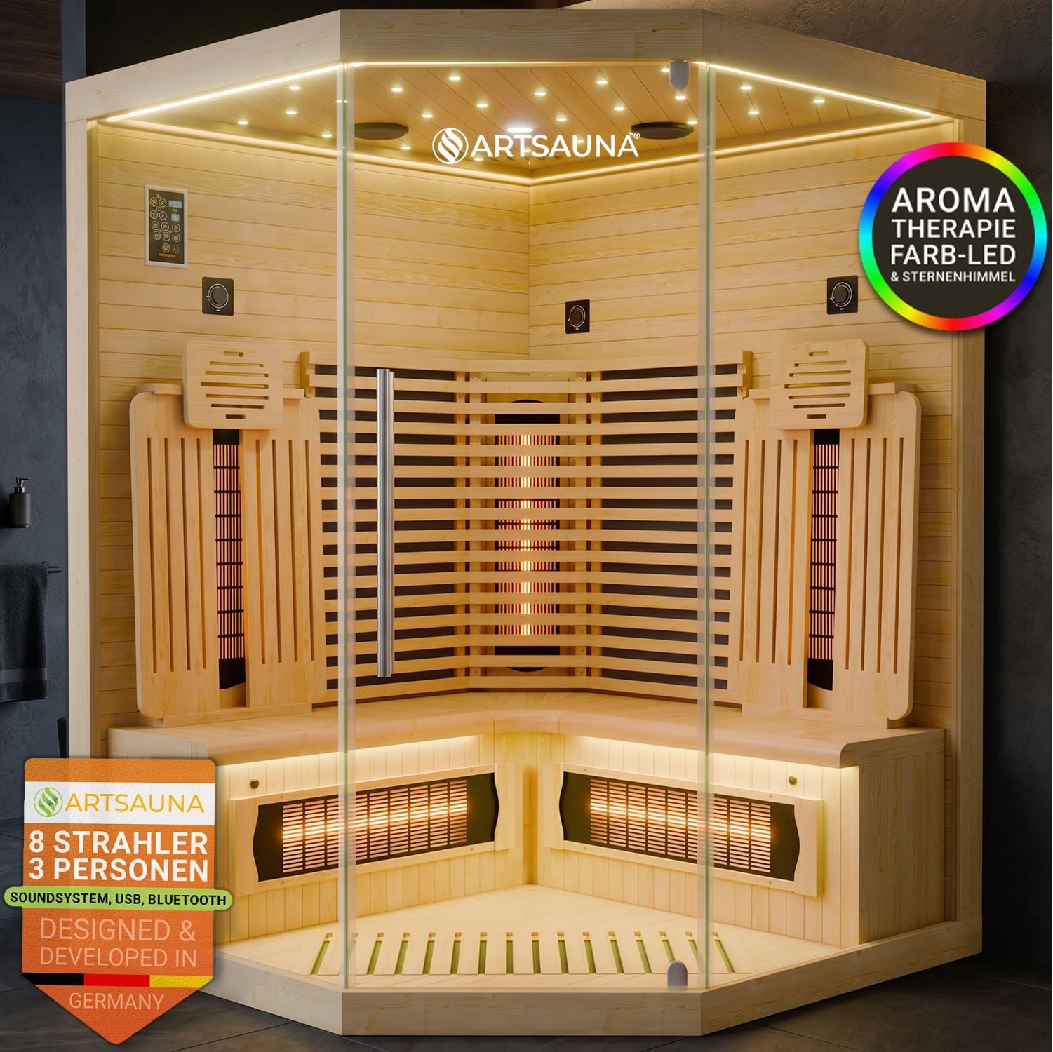 ARTSAUNA&reg; Infrarotkabine Malm&ouml;140 Natur - Hemlock Holz, Vollspektrumstrahler mit Dimmer, LED-Farblichttherapie, 3 Personen, 140x140x190 cm, 2530 W 