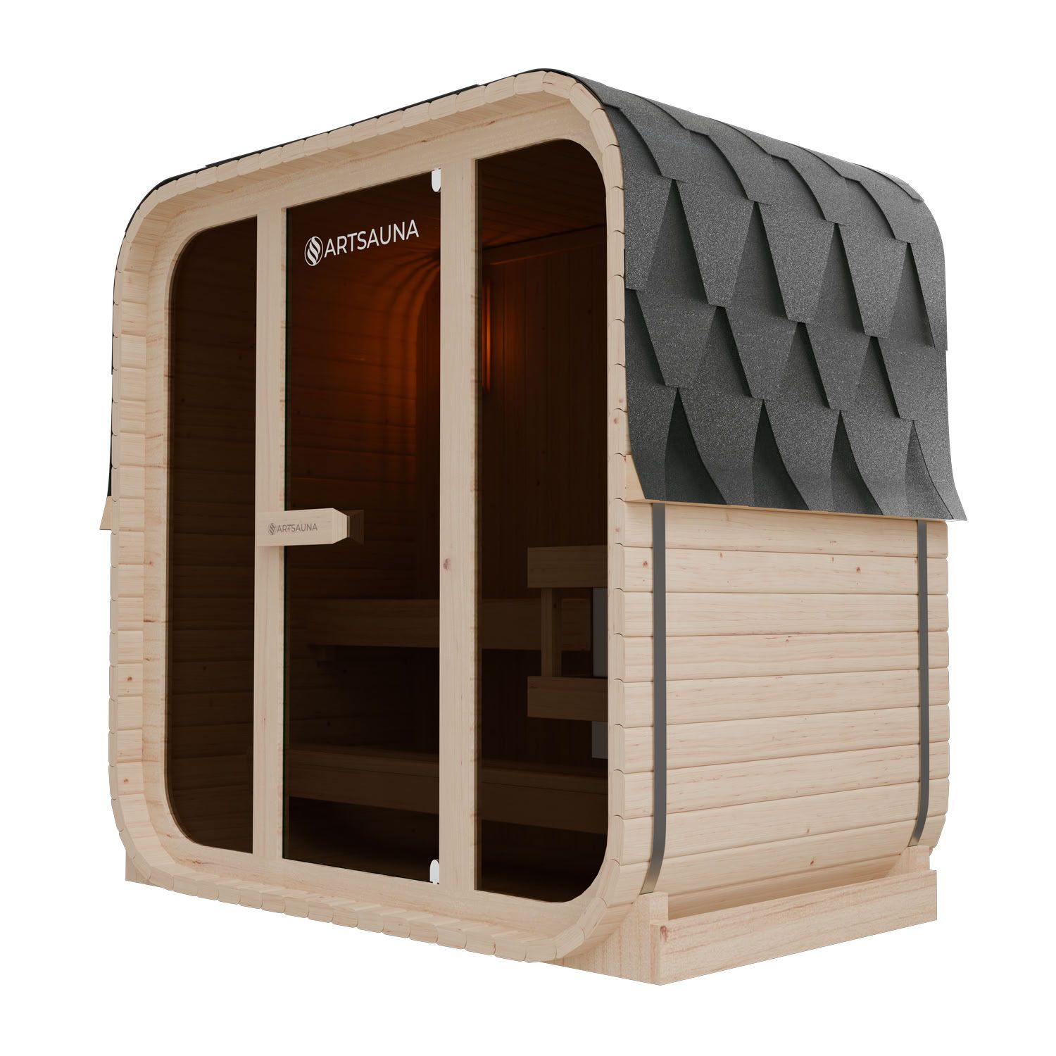 ARTSAUNA&reg; Cube Fasssauna Fjora M Natur - Panorama-Sicherheitsglas Front, komfortable Bank mit Trittstufen, 3,6 kW Ofen, Outdoor Sauna Komplettset f&uuml;r 3 Personen 