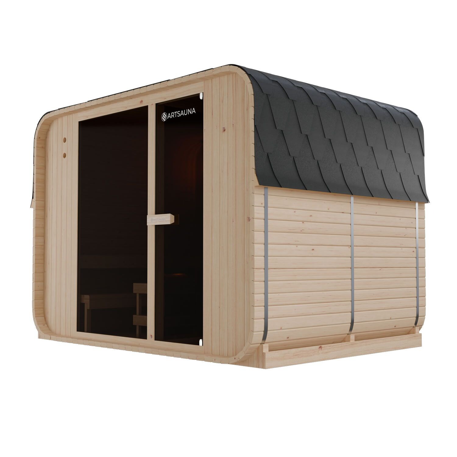 ARTSAUNA® Cube Fasssauna Fjora XXL Natur - Panorama-Sicherheitsglas Front, komfortable Bank mit Trittstufen, 9 kW Ofen, Outdoor Sauna …