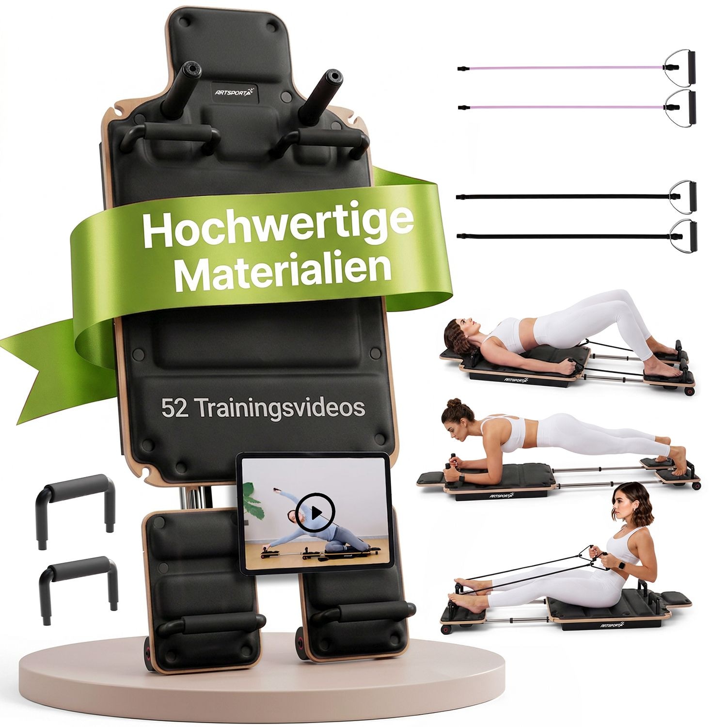 ARTSPORT® Pilates Reformer Board Movea in Schwarz - Ganzkörper-Fitnessgerät mit 6 Trainingsbändern, Mini Reformer inkl. 52 x Trainingsvideos