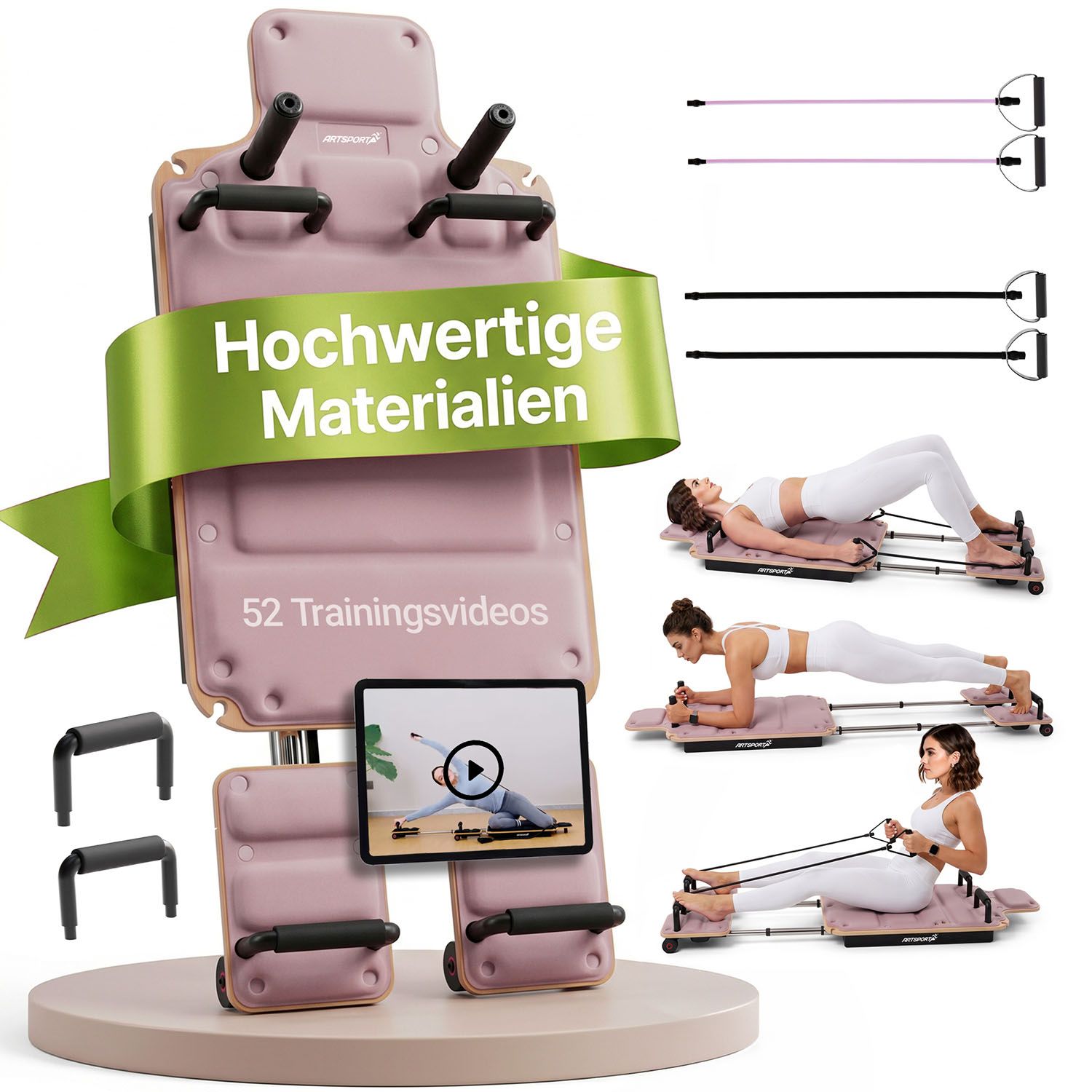 ARTSPORT&reg; Pilates Reformer Board Movea in Rosa - Ganzk&ouml;rper-Fitnessger&auml;t mit 6 Trainingsb&auml;ndern, Mini Reformer inkl. 52 x Trainingsvideos 