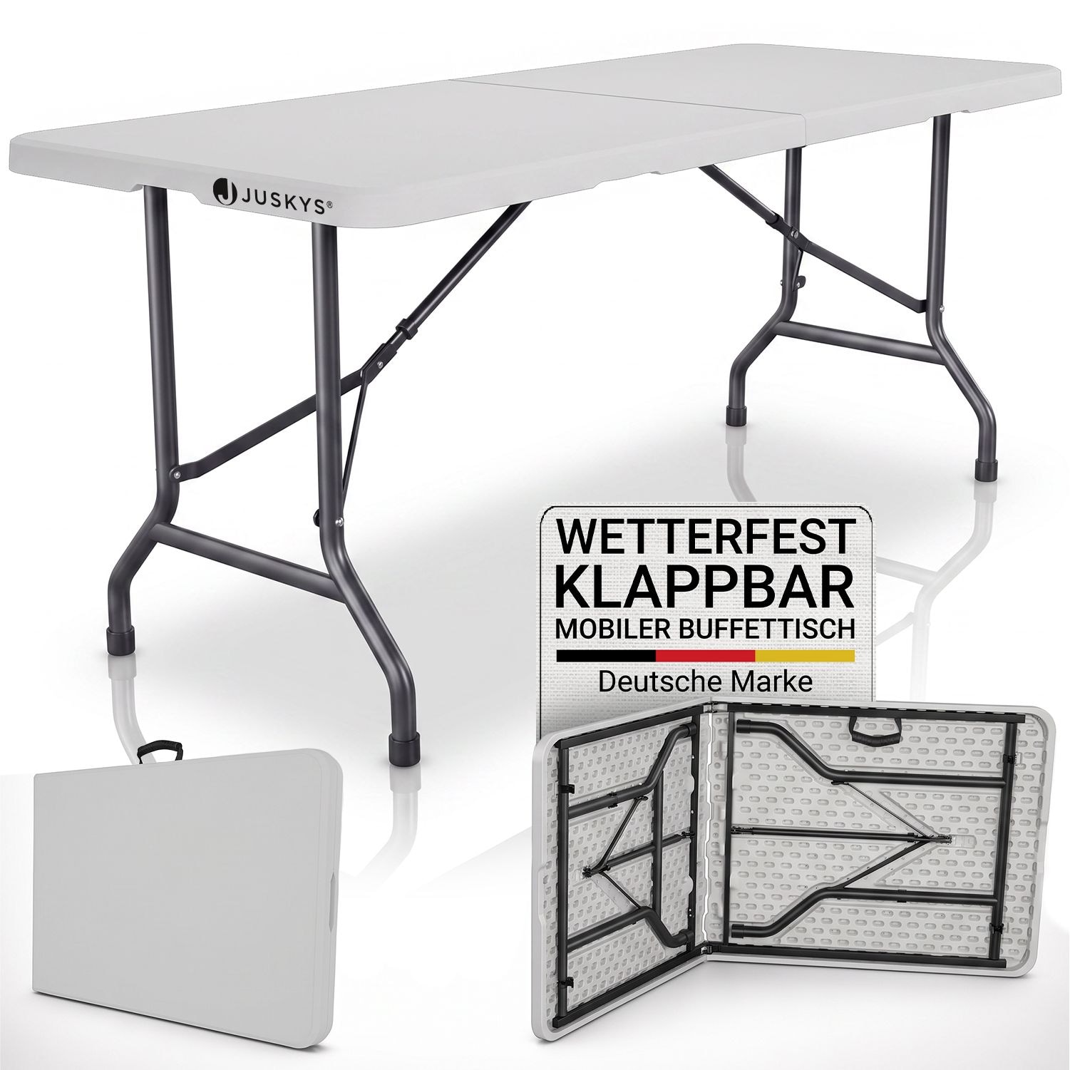 JUSKYS&reg; Klappbarer Gartentisch Easyfold Wei&szlig; - Klapptisch mit Tragegriff, stabiler multifunktionaler Buffettisch, 180x74x74 cm 