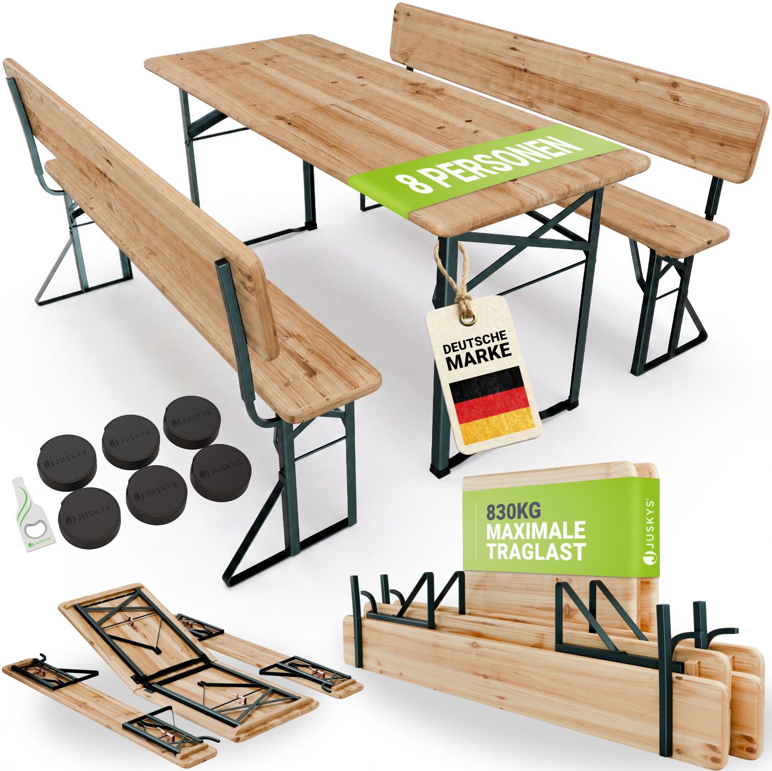 JUSKYS&reg; Bierzeltgarnitur Kempten - Natur/Gr&uuml;n, klappbar mit ergonomischer R&uuml;ckenlehne, wetterfeste Gartengarnitur, faltbar, inkl. 2 B&auml;nke mit Tisch 170x70x75 cm 