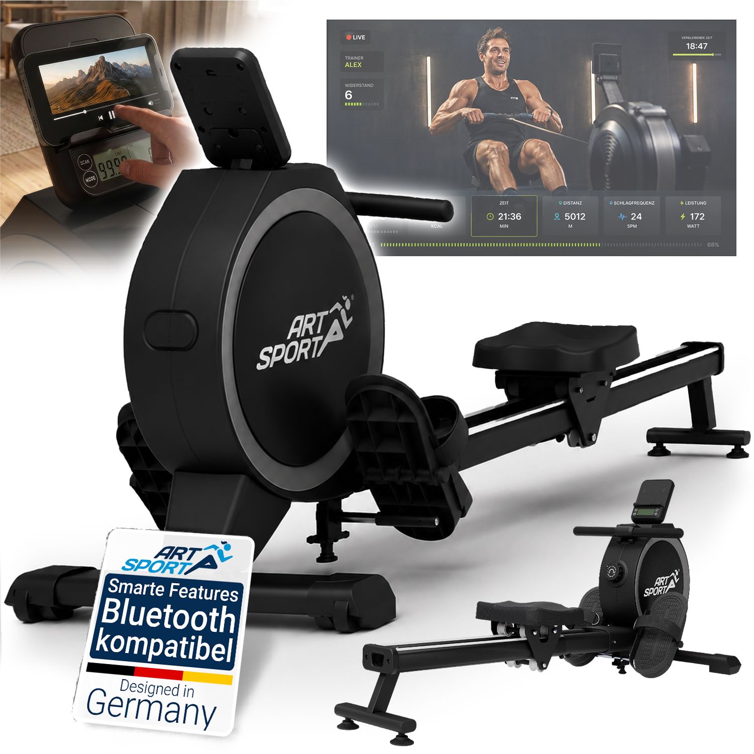 ARTSPORT&reg; Ruderger&auml;t RowMaster schwarz - f&uuml;r Zuhause, Bremssystem mit 16 Stufen, ergonomischer Sitz, Handyhalterung, Heimtrainer bis 150 kg, rutschfest & leise 