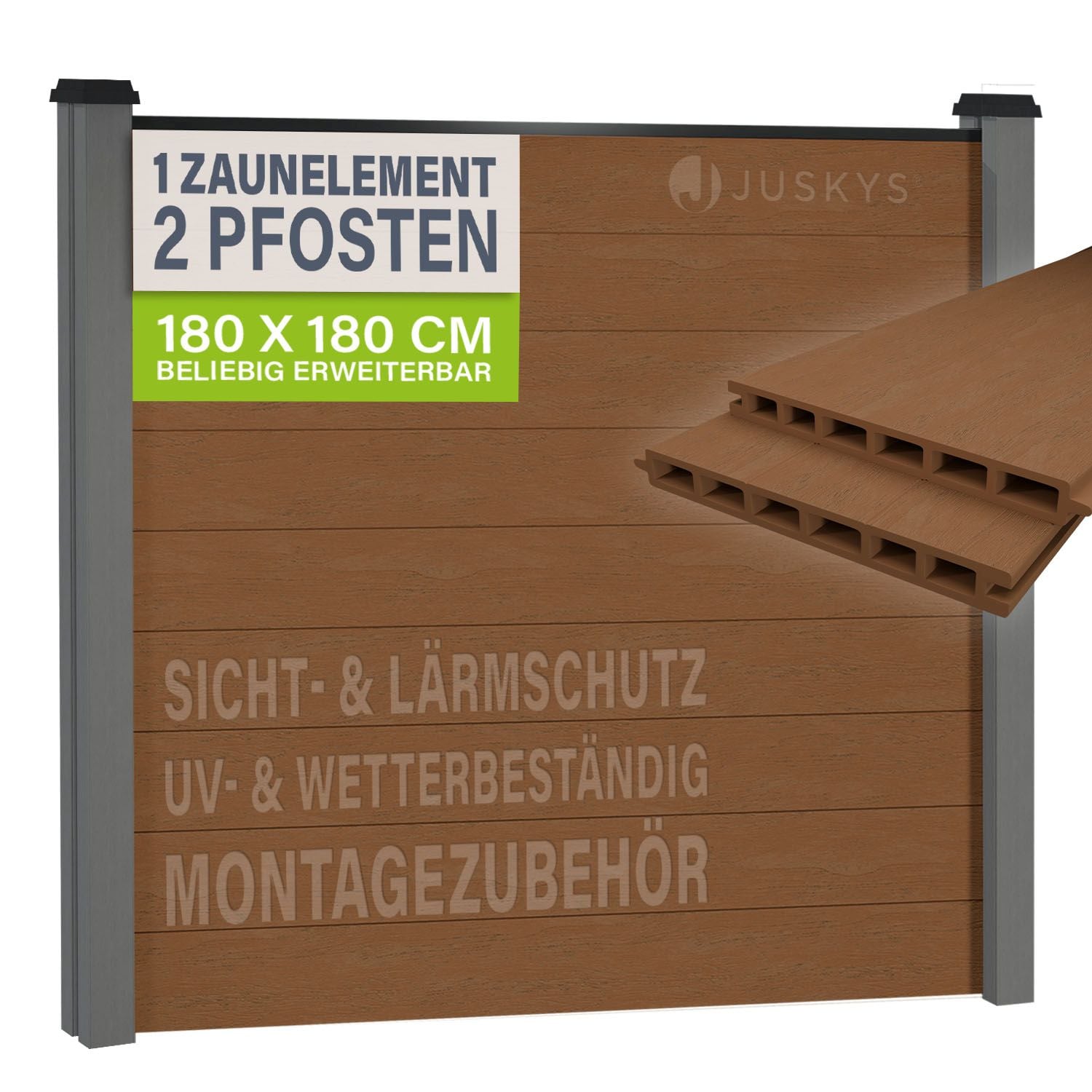 JUSKYS&reg; WPC Sichtschutzzaun 1er Set - 1x Element + 2x Pfosten & Zubeh&ouml;r, Gartenset WPC- & Stahlkonstruktion, Teak / Grau 