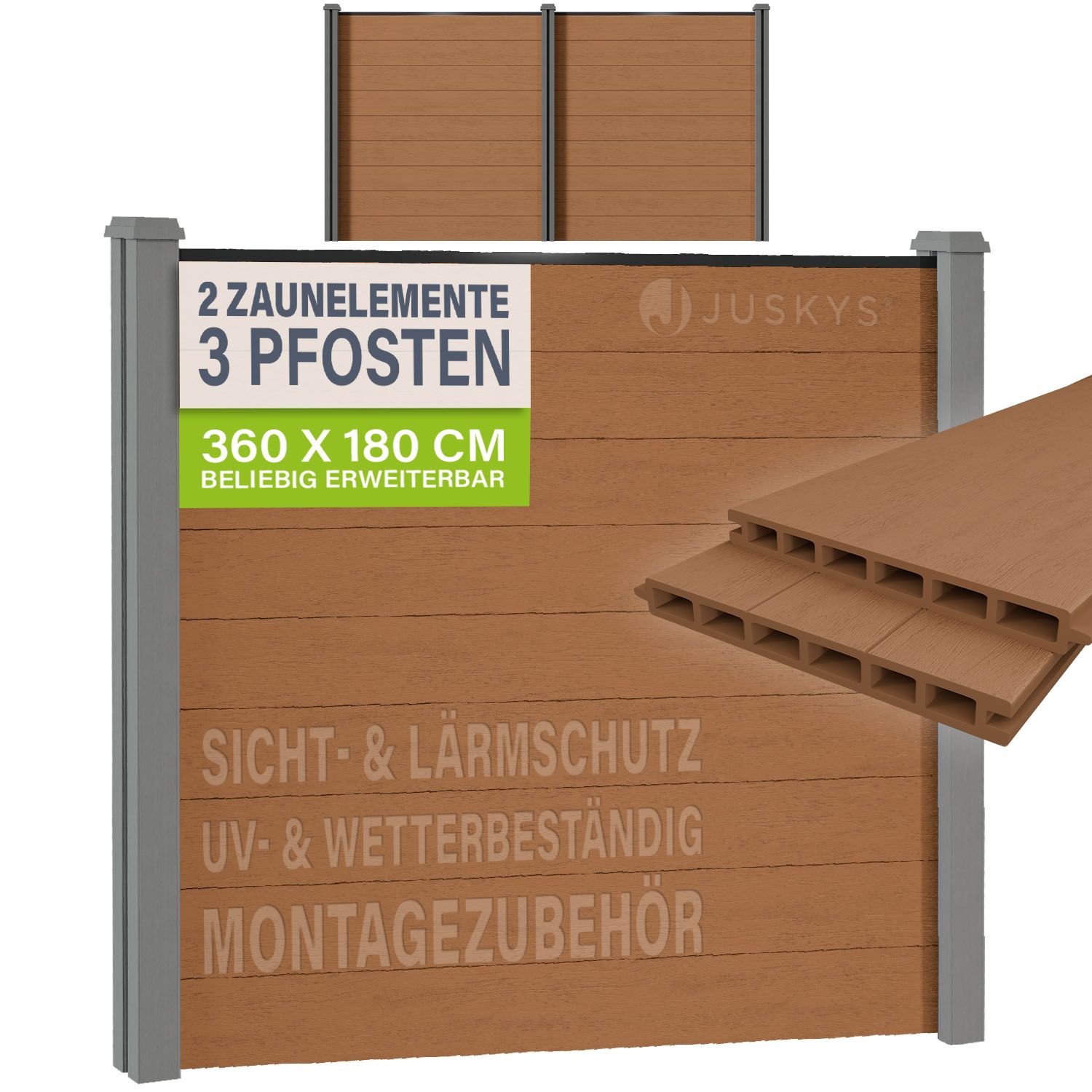 JUSKYS&reg; WPC Sichtschutzzaun 2er Set - 2x Element + 3x Pfosten & Zubeh&ouml;r, Gartenset WPC- & Stahlkonstruktion, Teak / Grau 