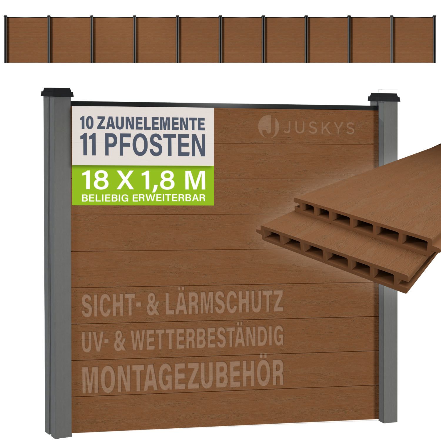 JUSKYS&reg; WPC Sichtschutzzaun 10er Set - 10x Element + 11x Pfosten & Zubeh&ouml;r, Gartenset WPC- & Stahlkonstruktion, Teak / Grau 