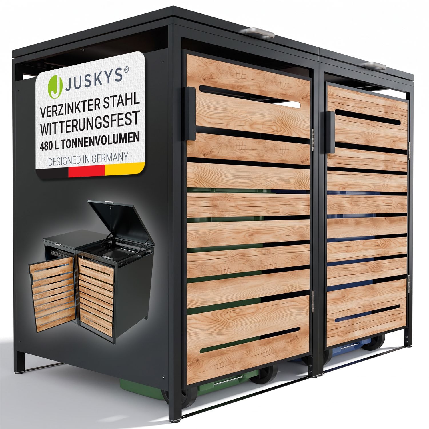 JUSKYS&reg; M&uuml;lltonnenbox Arel 2er - Metall Gartenbox f&uuml;r M&uuml;lltonnen - Aufbewahrungsbox Anthrazit in Holzoptik 