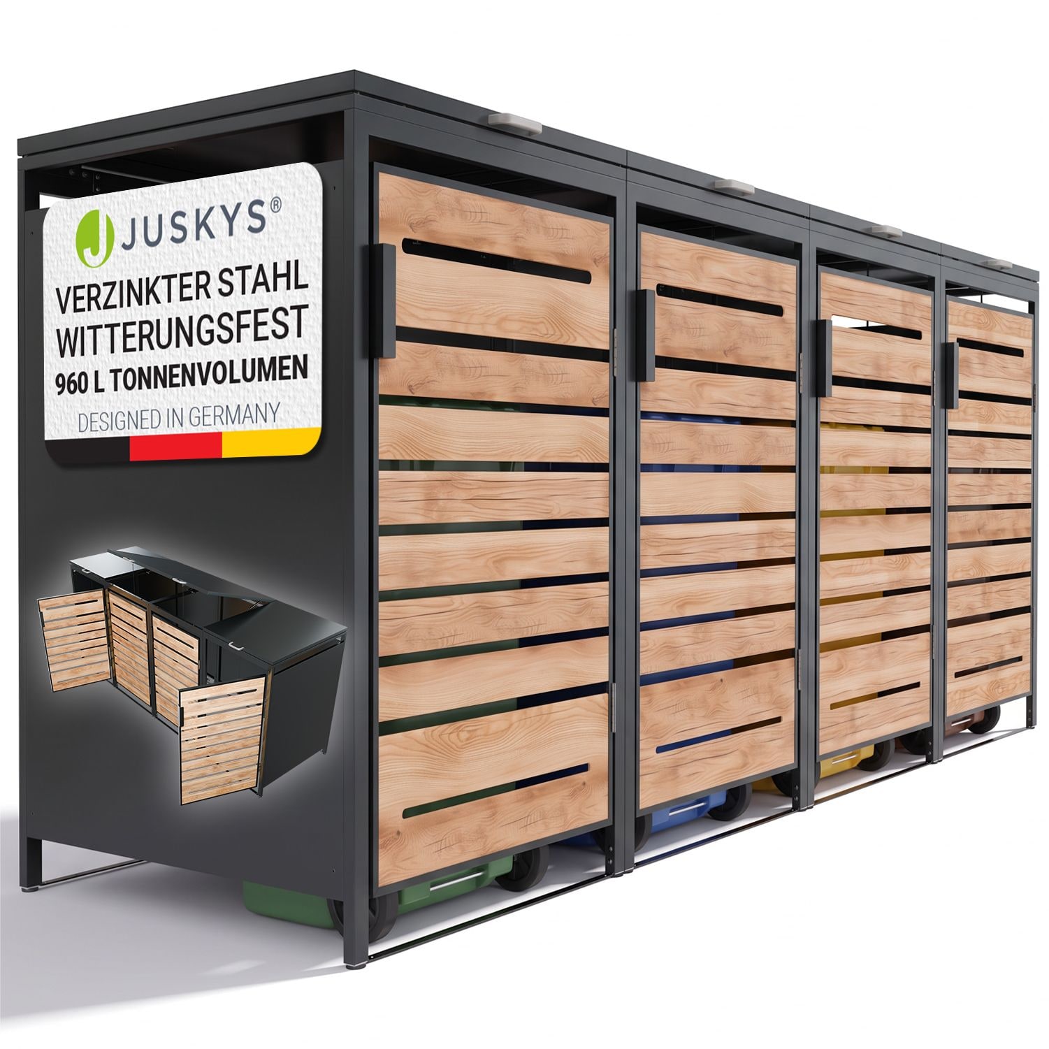 JUSKYS&reg; M&uuml;lltonnenbox Arel 4er - Metall Gartenbox f&uuml;r 120l bzw. 240l M&uuml;lltonnen - Aufbewahrungsbox mit Gasdruckfeder - Anthrazit mit Holzt&uuml;r 
