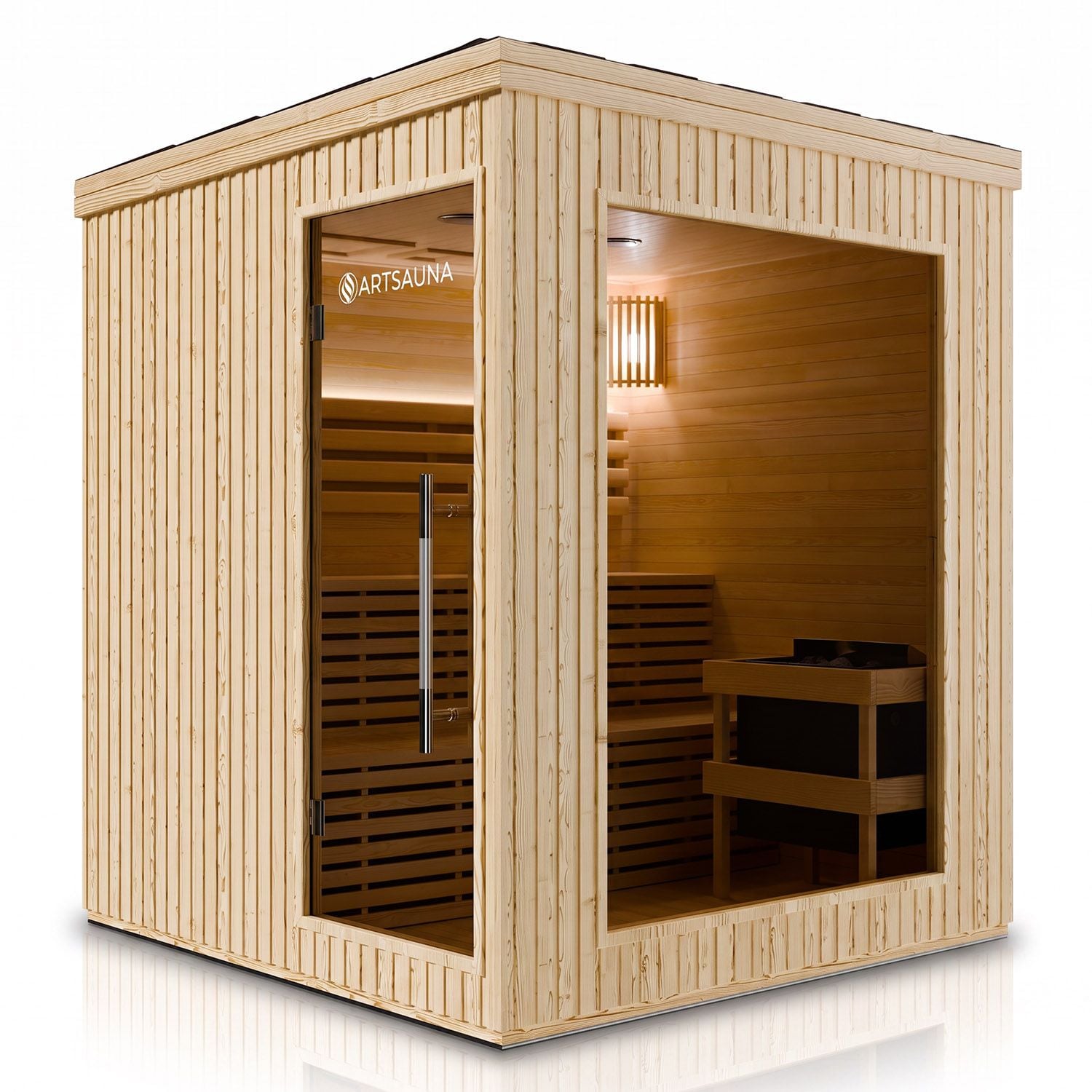 ARTSAUNA&reg; Outdoor Sauna Visby180 aus WPC in Natur, 9 kW Saunaofen, LED-Beleuchtung, Bluetooth, Hemlock, Soundsystem, Zweistufige Bank, Saunakabine f&uuml;r 4-6 Personen 