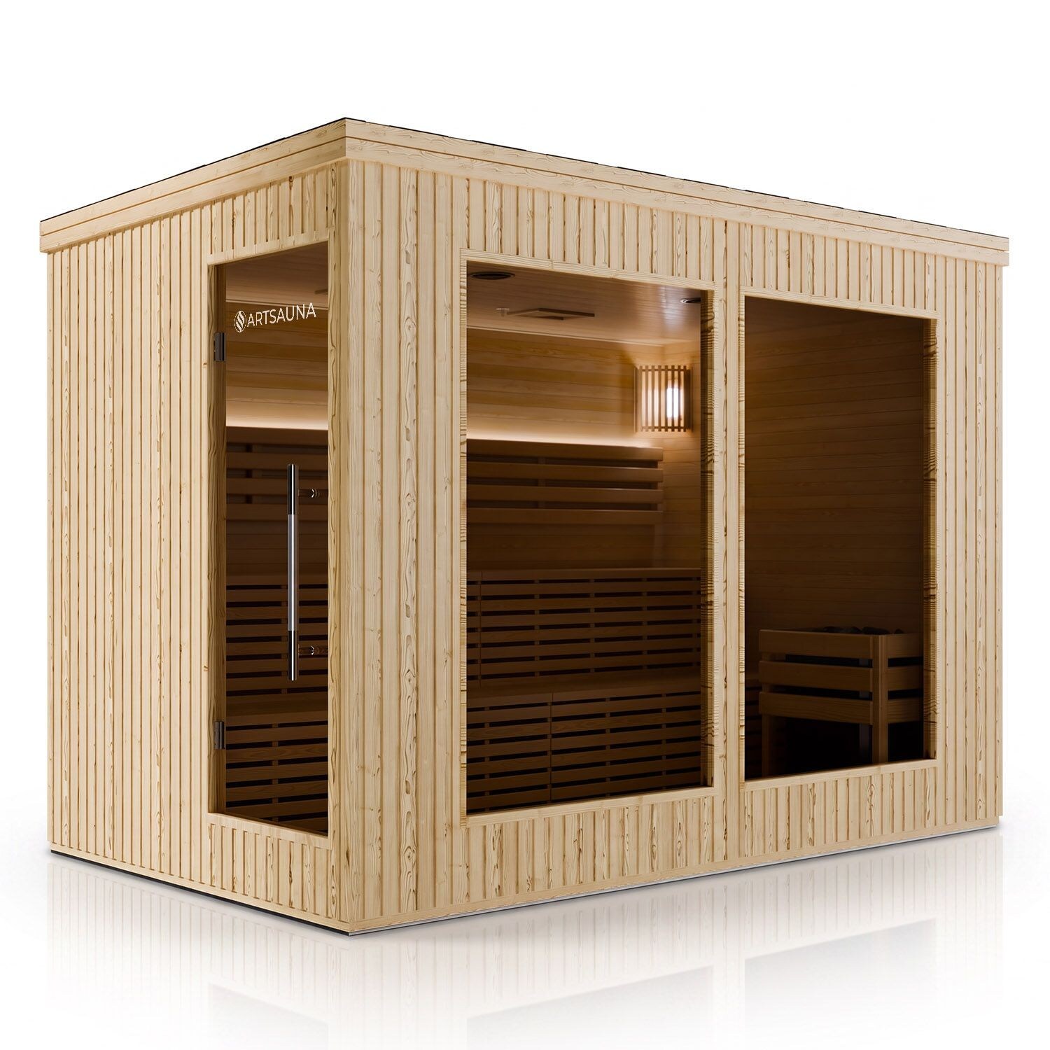 ARTSAUNA® Outdoor Sauna Visby300 aus WPC in Natur, 12 kW Saunaofen, LED-Beleuchtung, Bluetooth, Hemlockholz, Soundsystem, Zweistufige Bank, Saunakabine für 6-8 Personen