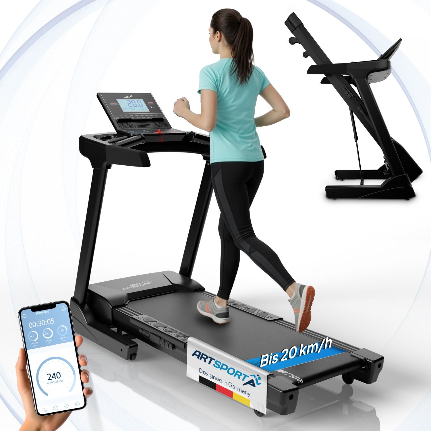 Laufband Speedrunner 6000, 20 km/h elektrisch, klappbar mit App & MP3 – Schwarz