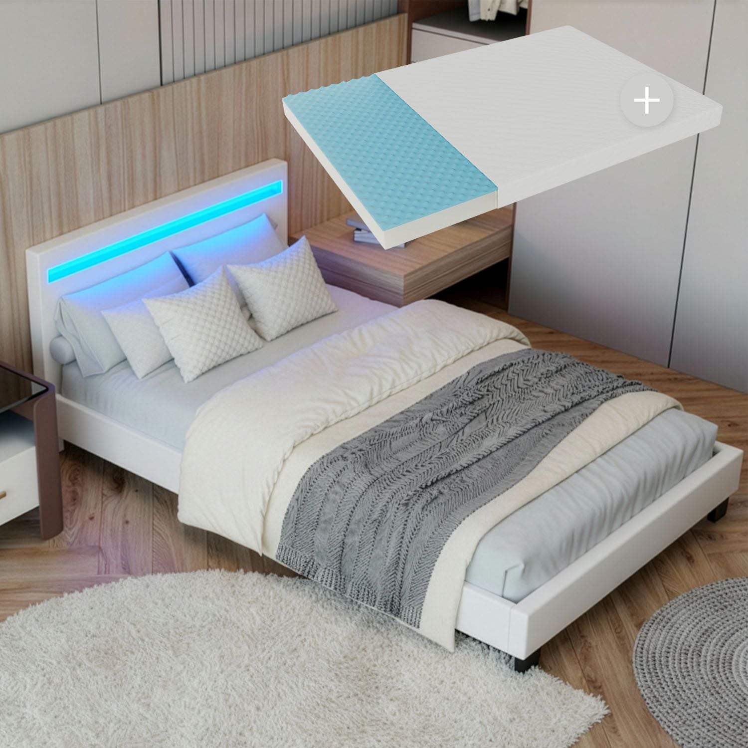 Juskys Polsterbett Paris 90x200 cm wei&szlig; mit Matratze &ndash; Einzelbett + LED-Beleuchtung & Lattenrost 