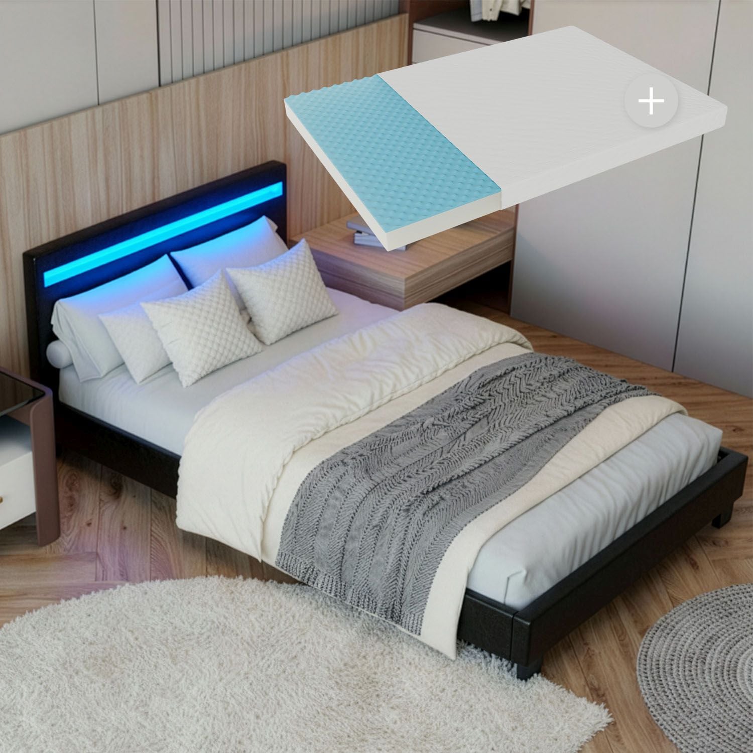 Juskys Polsterbett Paris 90x200 cm schwarz mit Matratze &ndash; Einzelbett + LED-Beleuchtung & Lattenrost 