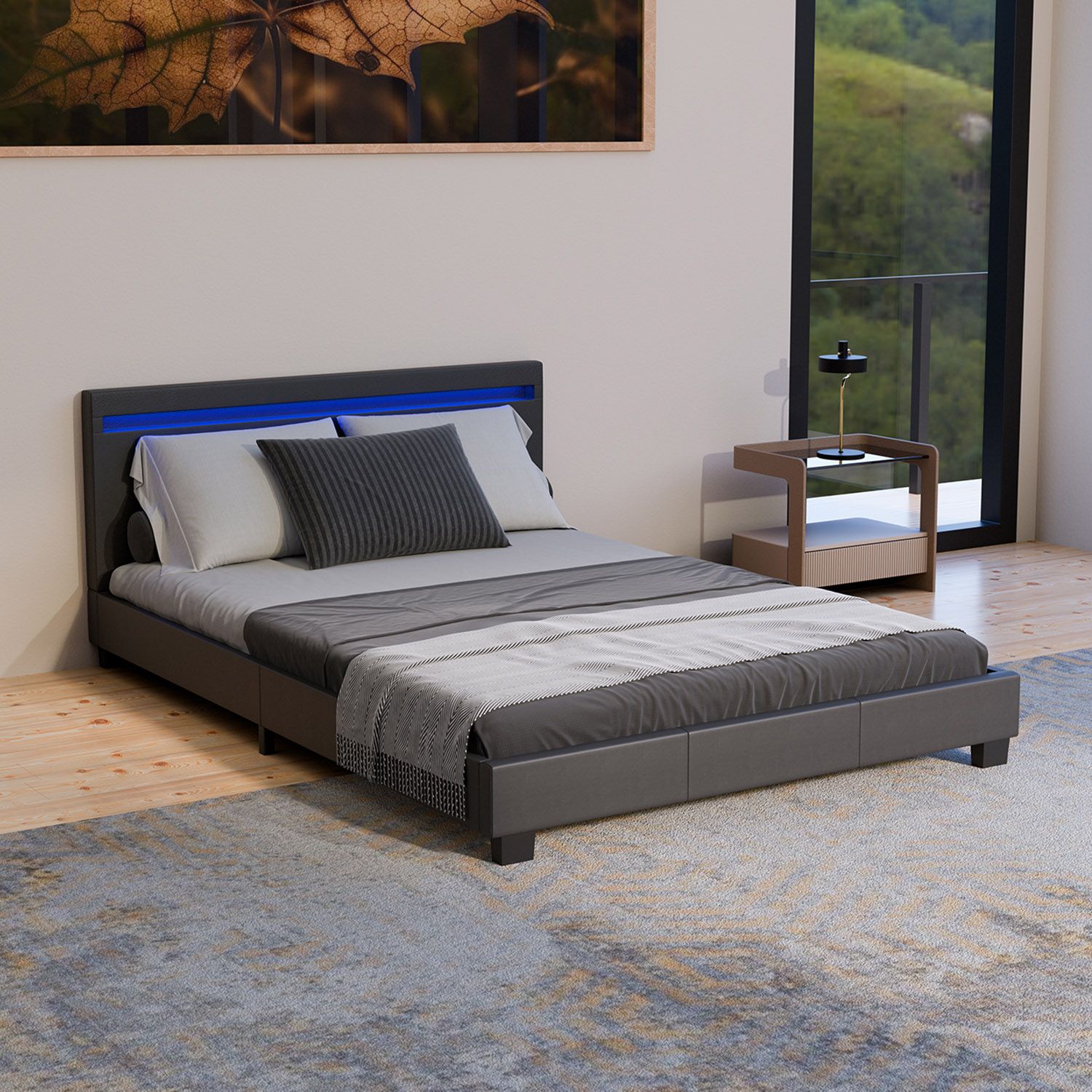 Juskys Polsterbett Paris 140 x 200 cm schwarz &ndash; Bett mit LED Beleuchtung, Lattenrost & Kopfteil 