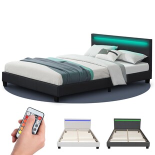 Juskys Polsterbett Paris 140 x 200 cm schwarz – Bett mit LED Beleuchtung, Lattenrost & Kopfteil 