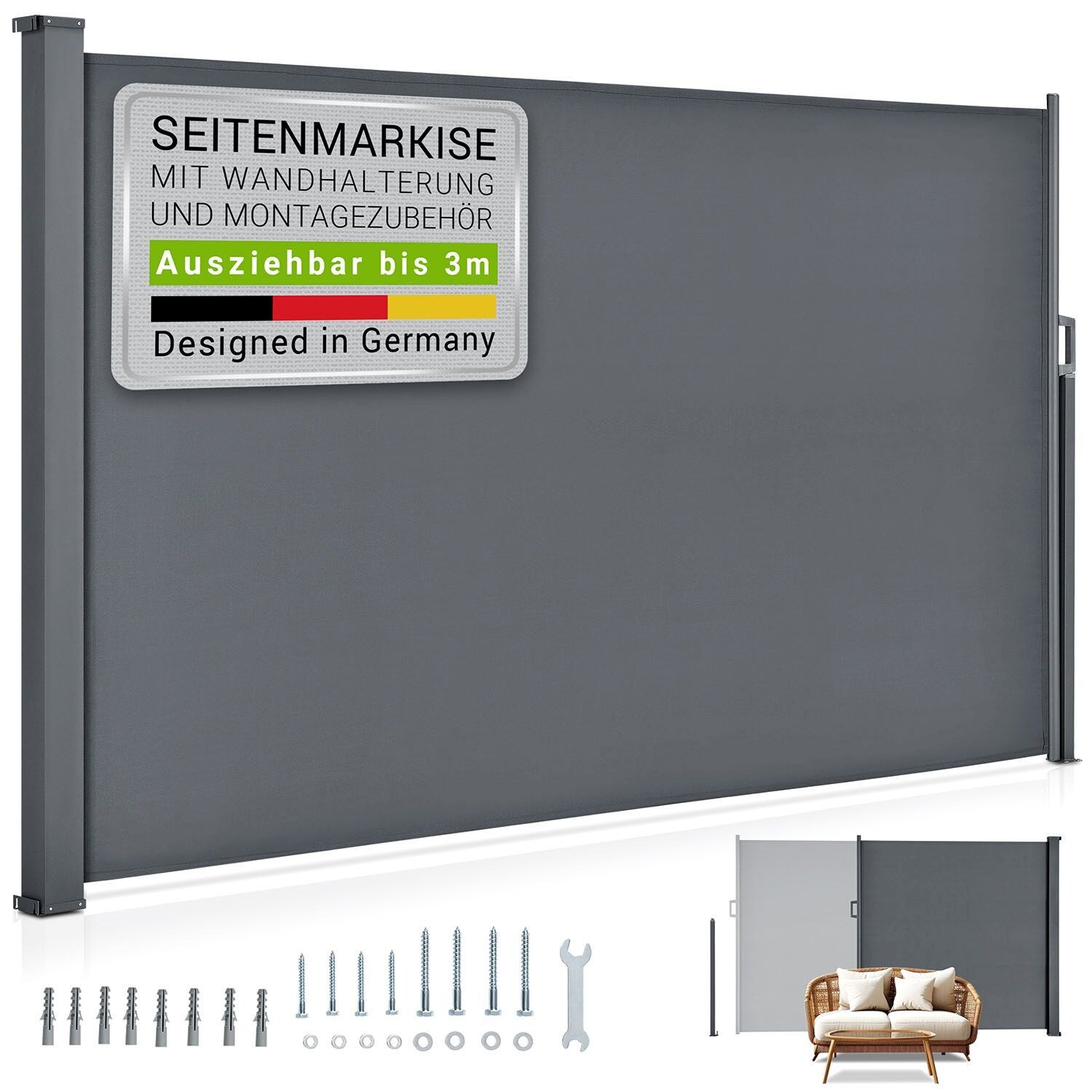 Seitenmarkise Dubai 300 x 180 cm ausziehbar blickdicht, Sichtschutz Garten, Terrasse anthrazit