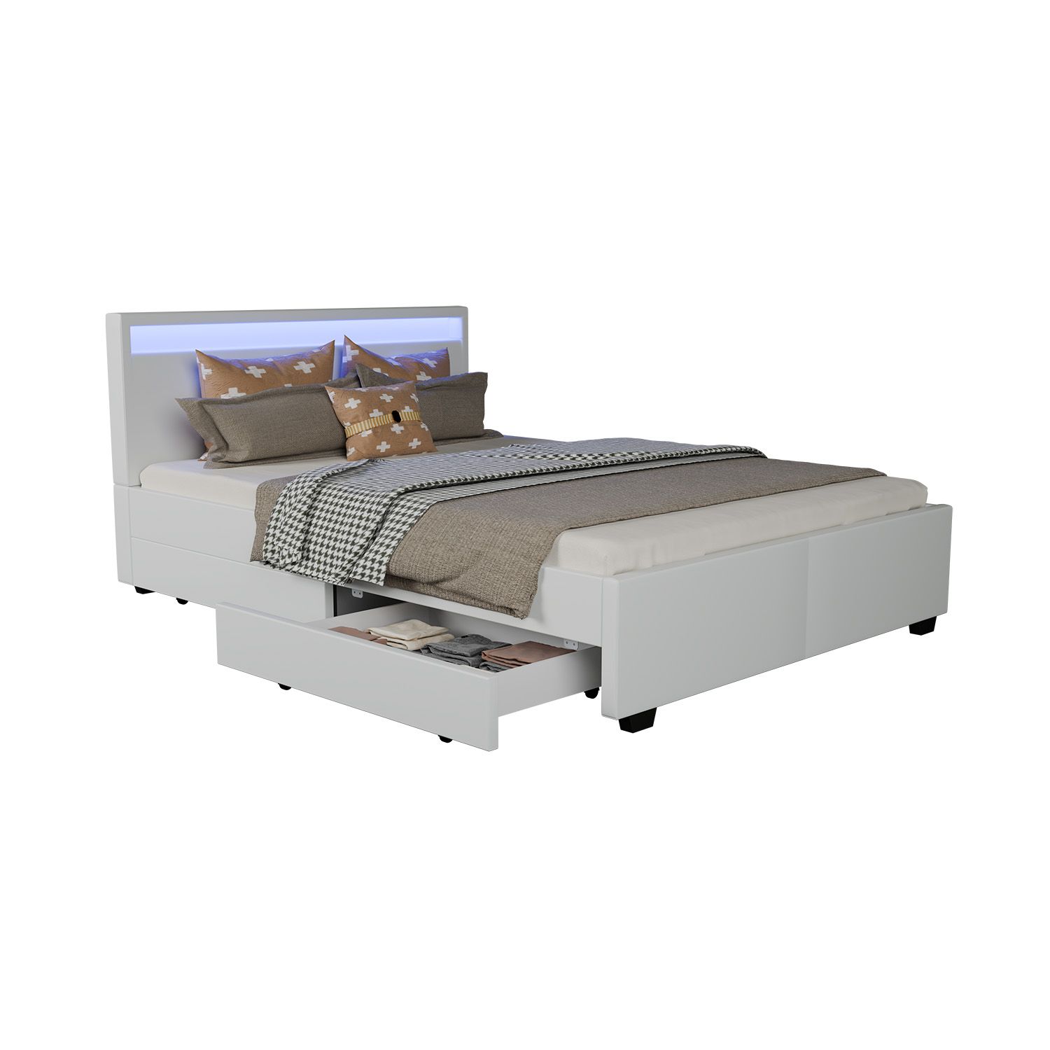 Juskys Polsterbett Lyon 140x200 cm mit Lattenrost, Bettkasten & LED Beleuchtung - wei&szlig; 