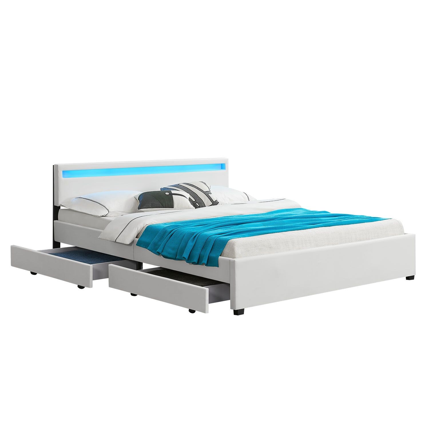 Juskys Polsterbett Lyon 180x200 cm mit Lattenrost, Bettkasten & LED Beleuchtung - wei&szlig; 