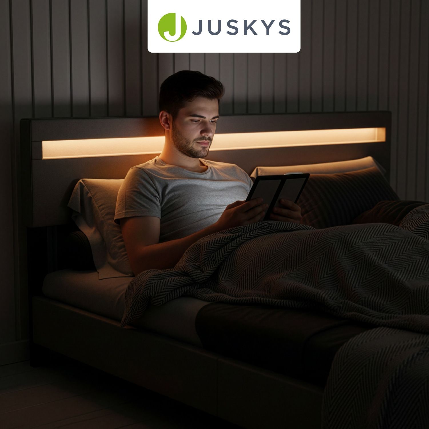 Juskys Polsterbett Paris 180x200 cm &ndash; Bett mit LED Beleuchtung & Lattenrost &ndash; Doppelbett grau 