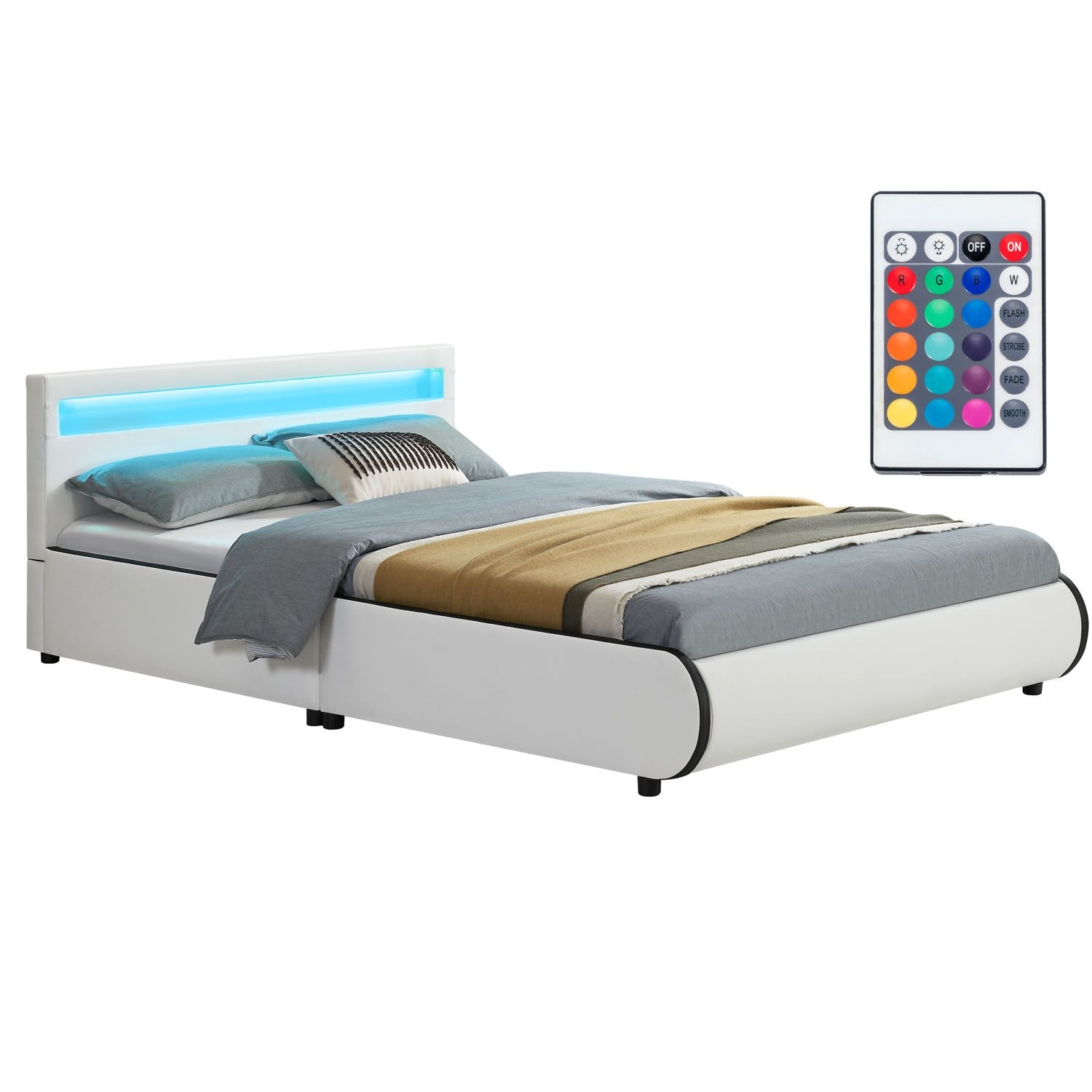 Juskys Polsterbett Sevilla 140x200 cm &ndash; Bett mit LED Beleuchtung & Lattenrost &ndash; Jugendbett wei&szlig; 