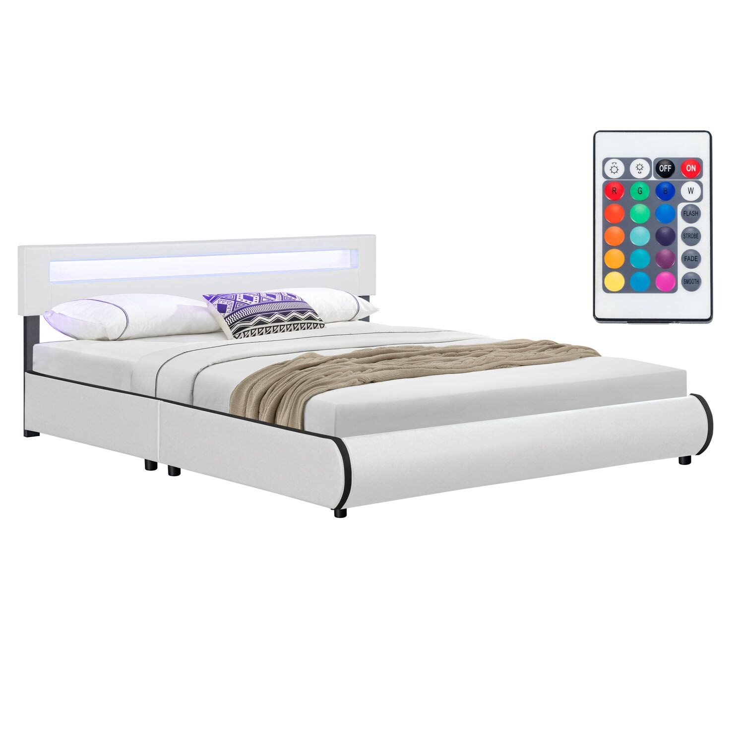 Juskys Polsterbett Sevilla 180x200 cm &ndash; Bett mit LED Beleuchtung & Lattenrost &ndash; Doppelbett wei&szlig; 