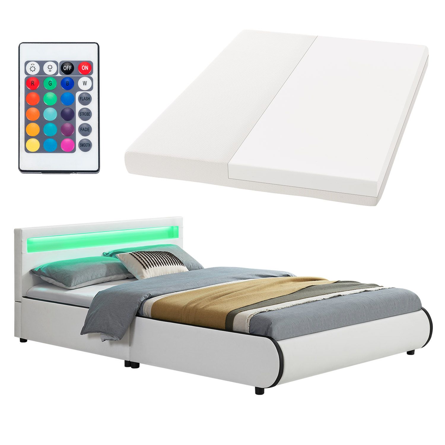 Juskys Polsterbett Sevilla 140 x 200 cm wei&szlig; Einzelbett mit Kaltschaummatratze 