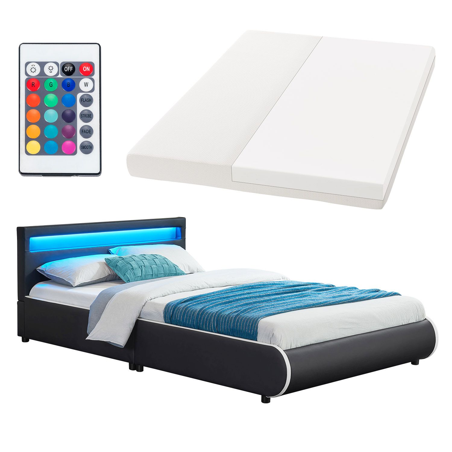 Juskys Polsterbett Sevilla 140 x 200 cm schwarz Einzelbett mit Kaltschaummatratze 