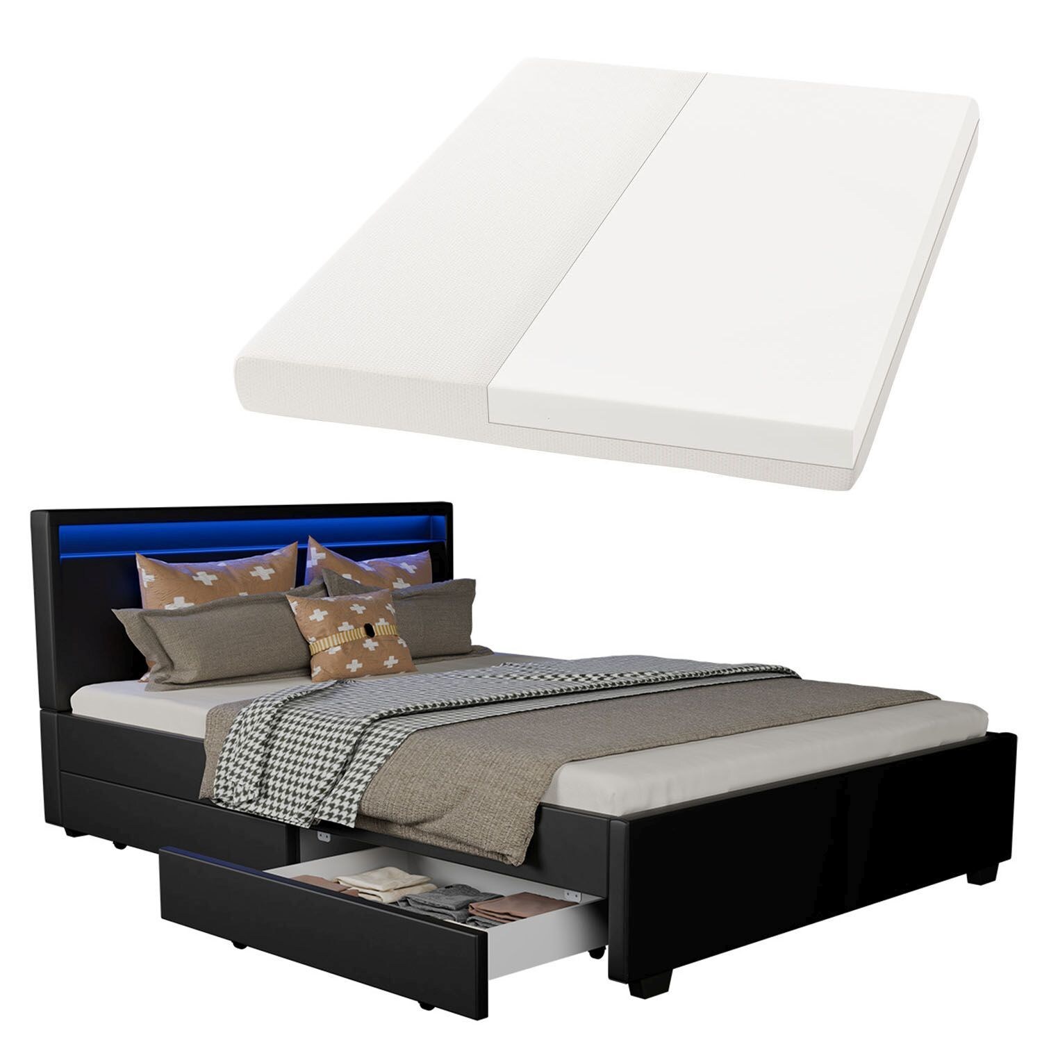 Juskys Polsterbett Lyon 140 x 200 cm schwarz mit Kaltschaummatratze 