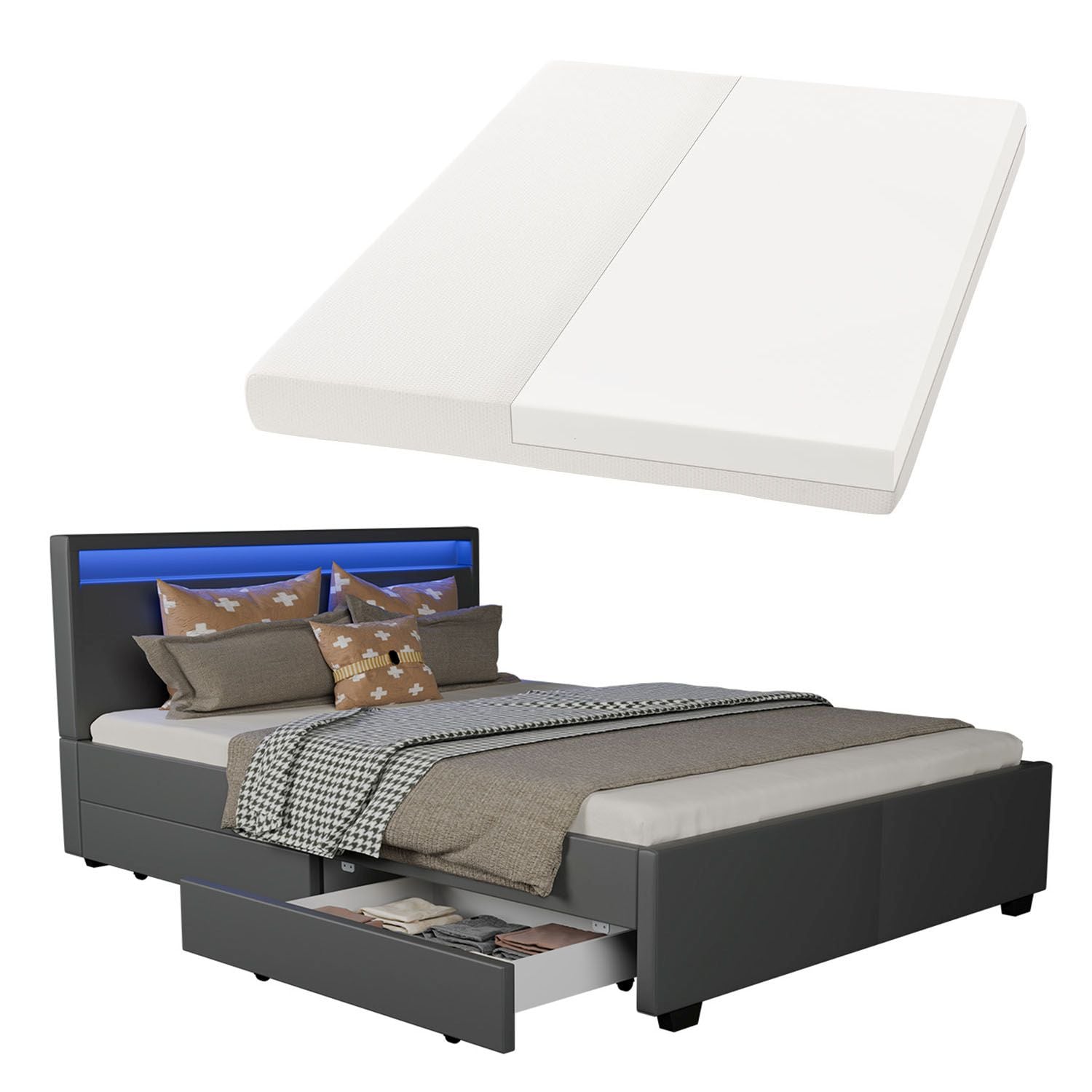 Juskys Polsterbett Lyon 140 x 200 cm dunkelgrau mit Kaltschaummatratze 