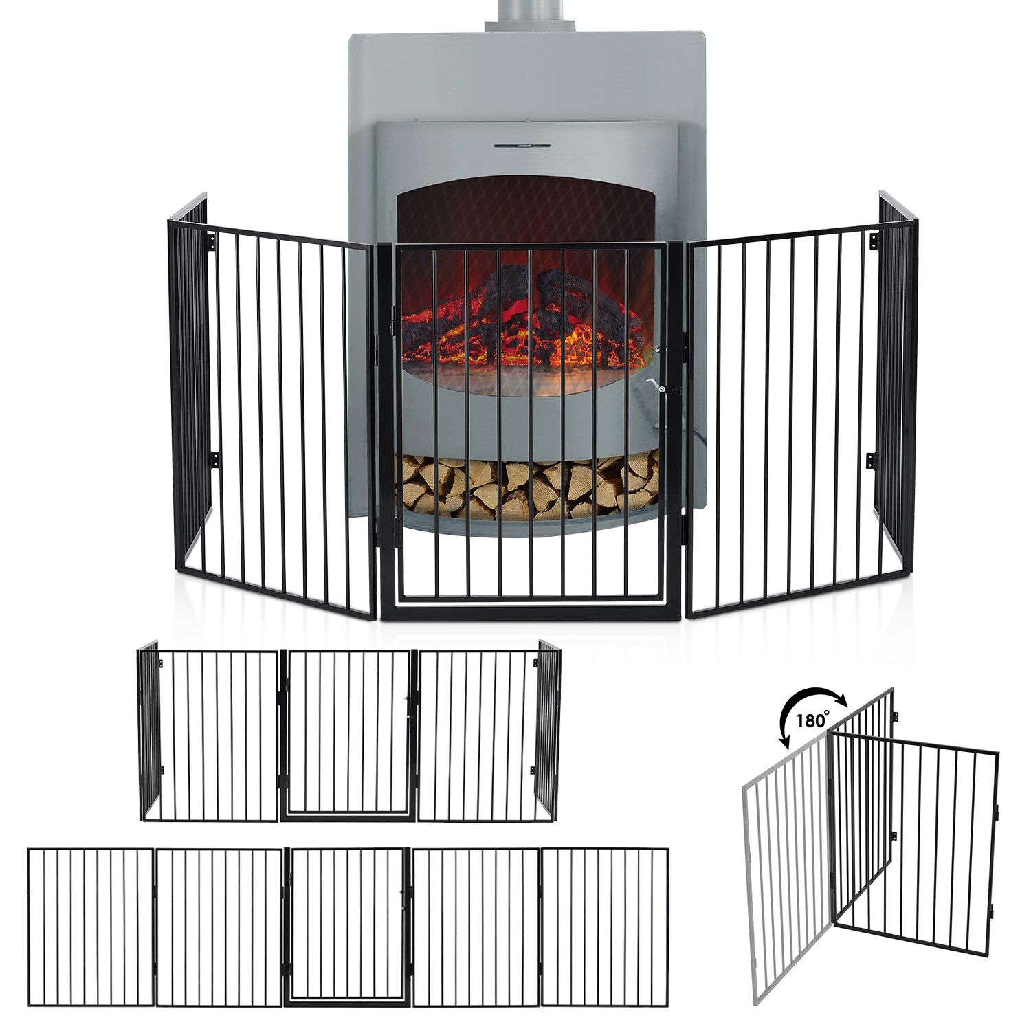 Juskys Metall Kaminschutzgitter 300 x 76 cm klappbar &ndash; Schutzgitter f&uuml;r Tiere &ndash; inkl. T&uuml;r 