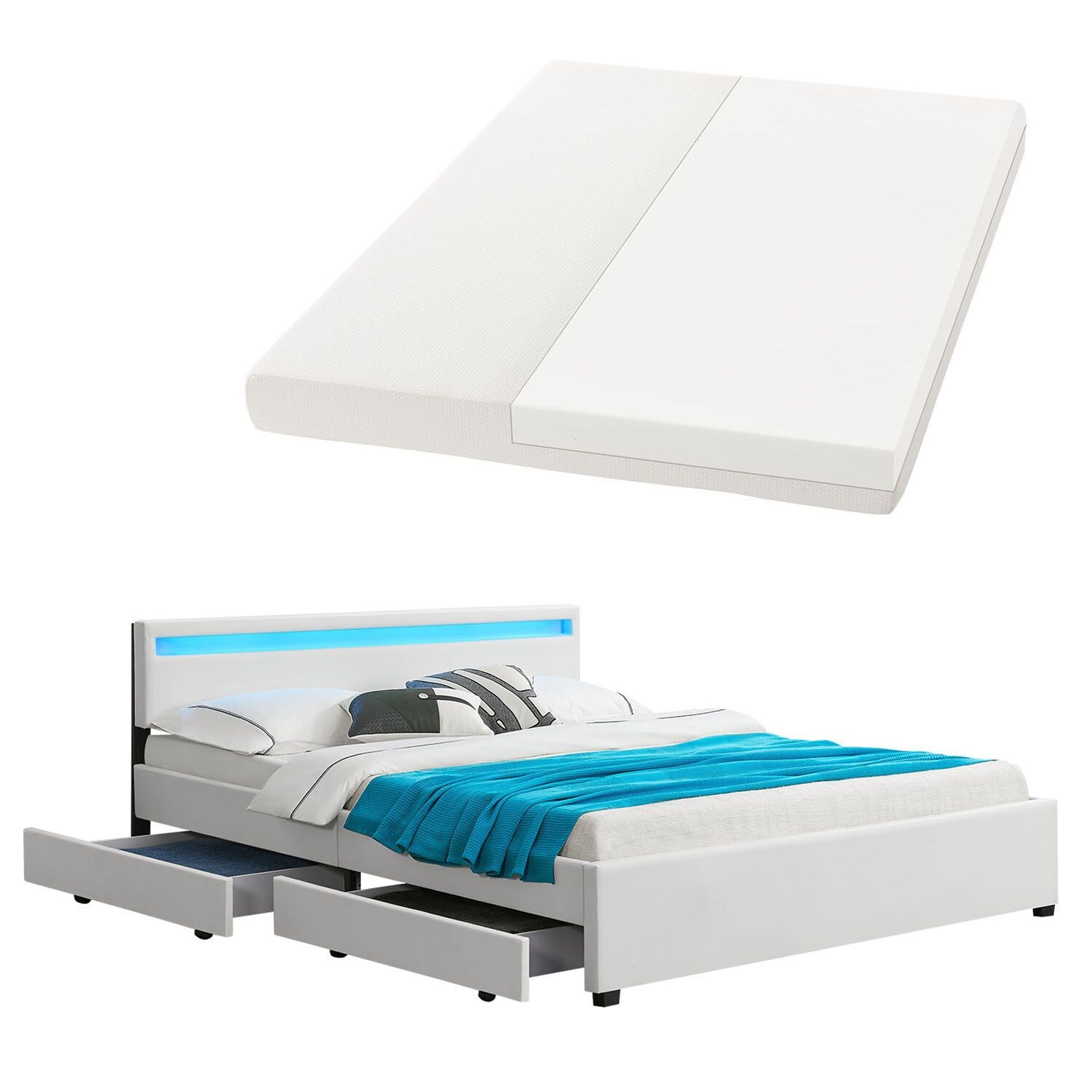 Juskys Polsterbett Lyon 180 x 200 cm - weiss mit Kaltschaummatratze 