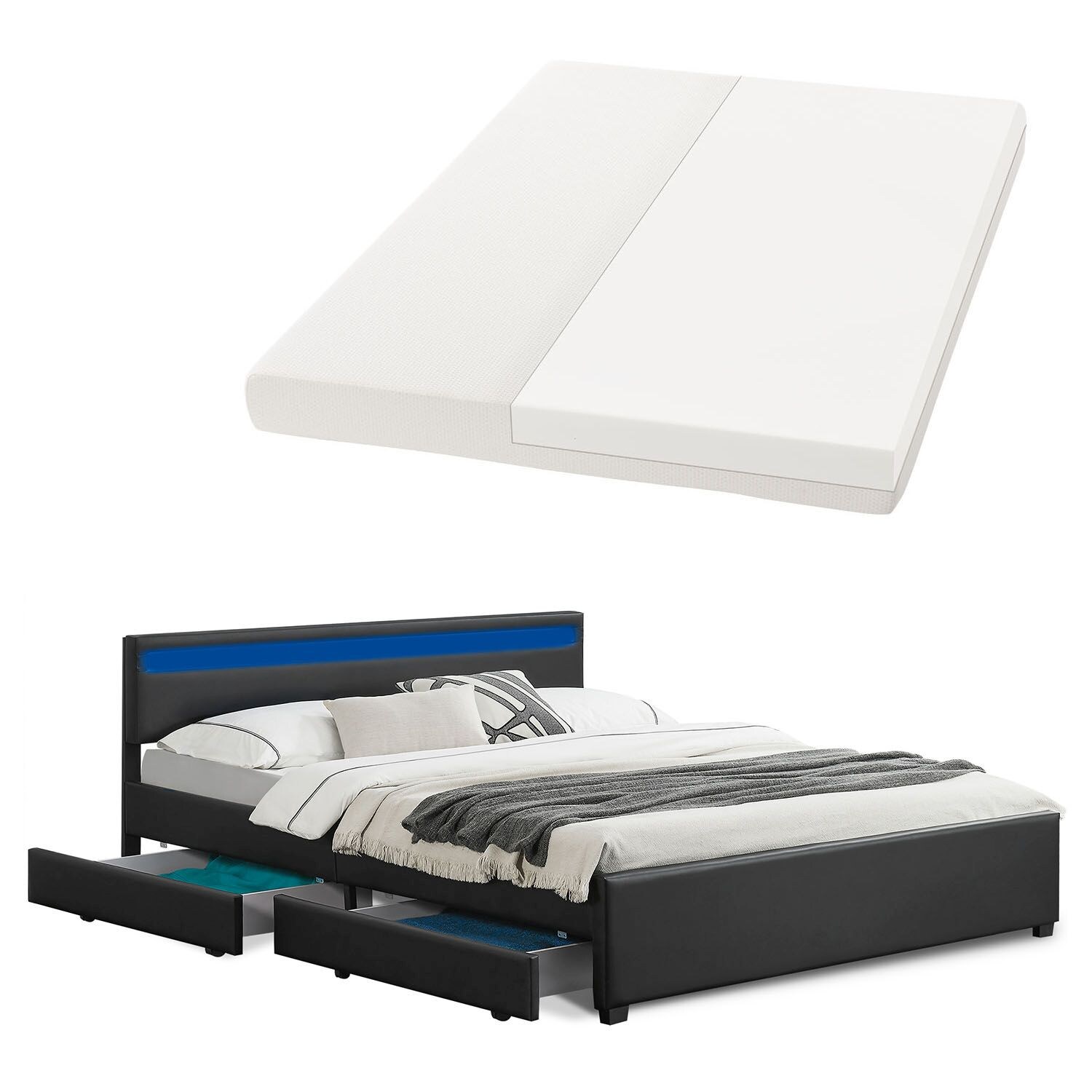 Juskys Polsterbett Lyon 180 x 200 cm - schwarz mit Kaltschaummatratze 
