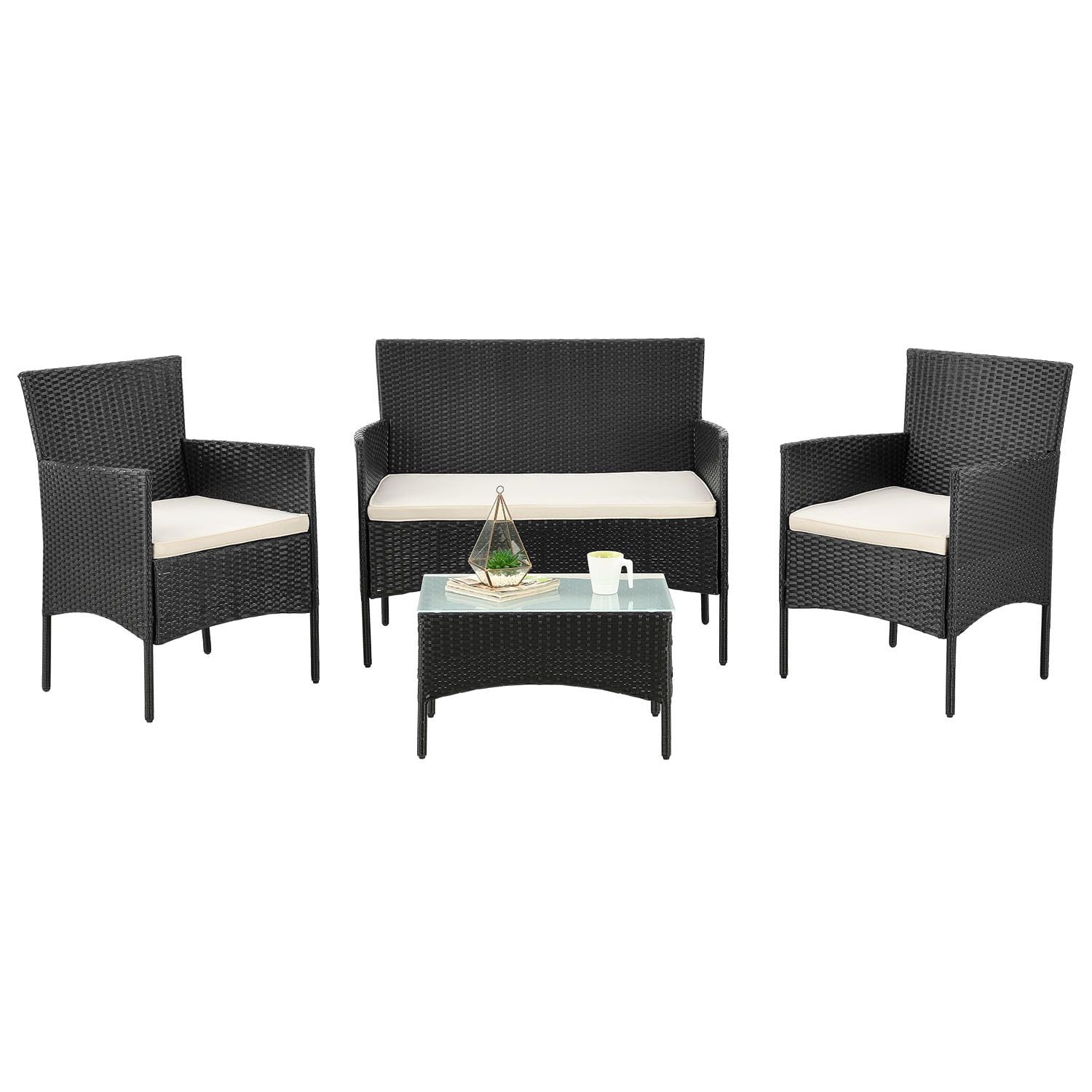 Juskys Polyrattan Gartenm&ouml;bel-Set Fort Myers schwarz mit Tisch, Sofa, 2 St&uuml;hle & Auflagen 