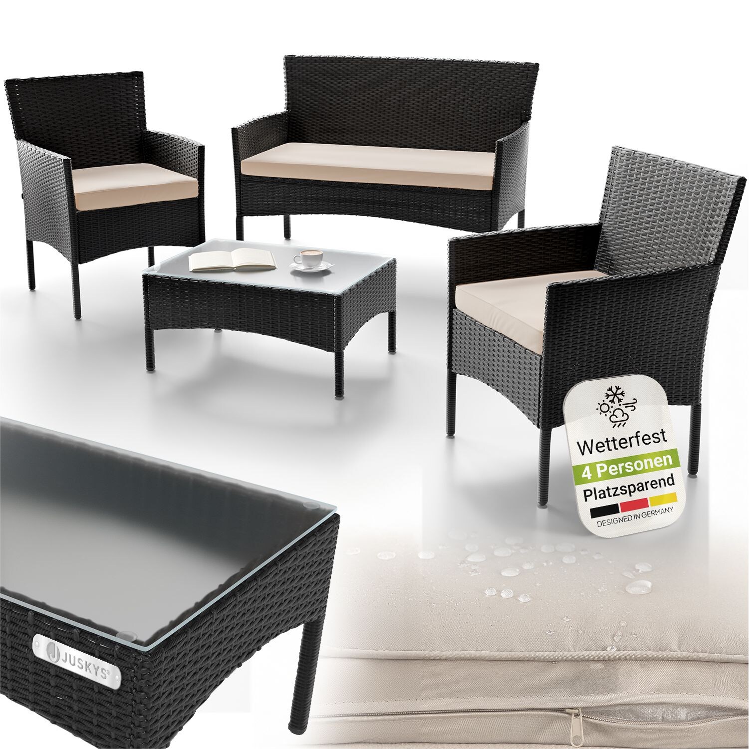 Juskys Polyrattan Gartenmöbel-Set Fort Myers schwarz mit Tisch, Sofa, 2 Stühle & Auflagen