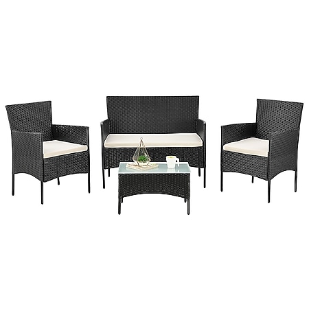 Juskys Polyrattan Gartenmöbel-Set Fort Myers schwarz mit Tisch, Sofa, 2 Stühle & Auflagen 