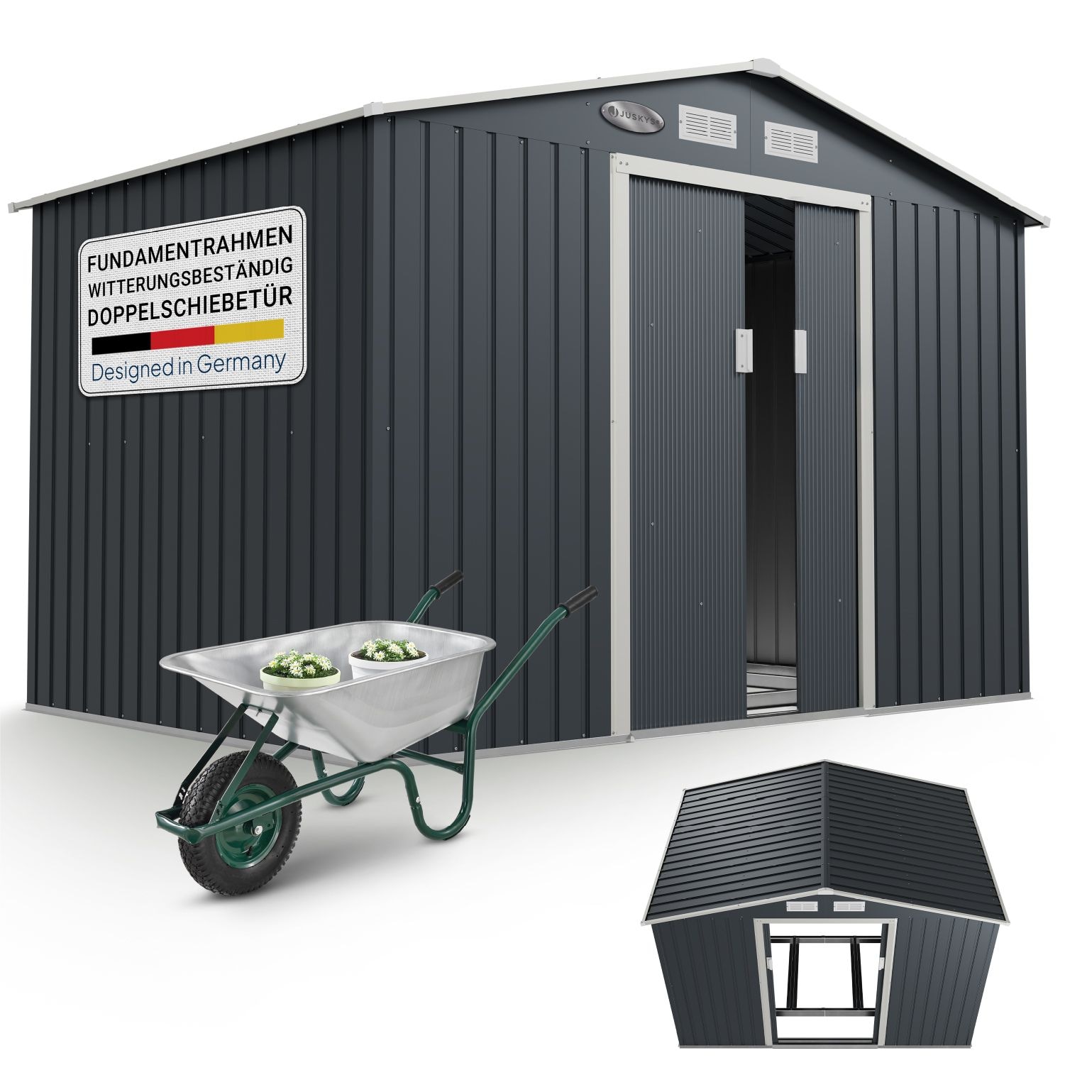 Juskys Metall Gerätehaus Geräteschuppen XL mit Satteldach, Schiebetür & Fundament 9m³ anthrazit