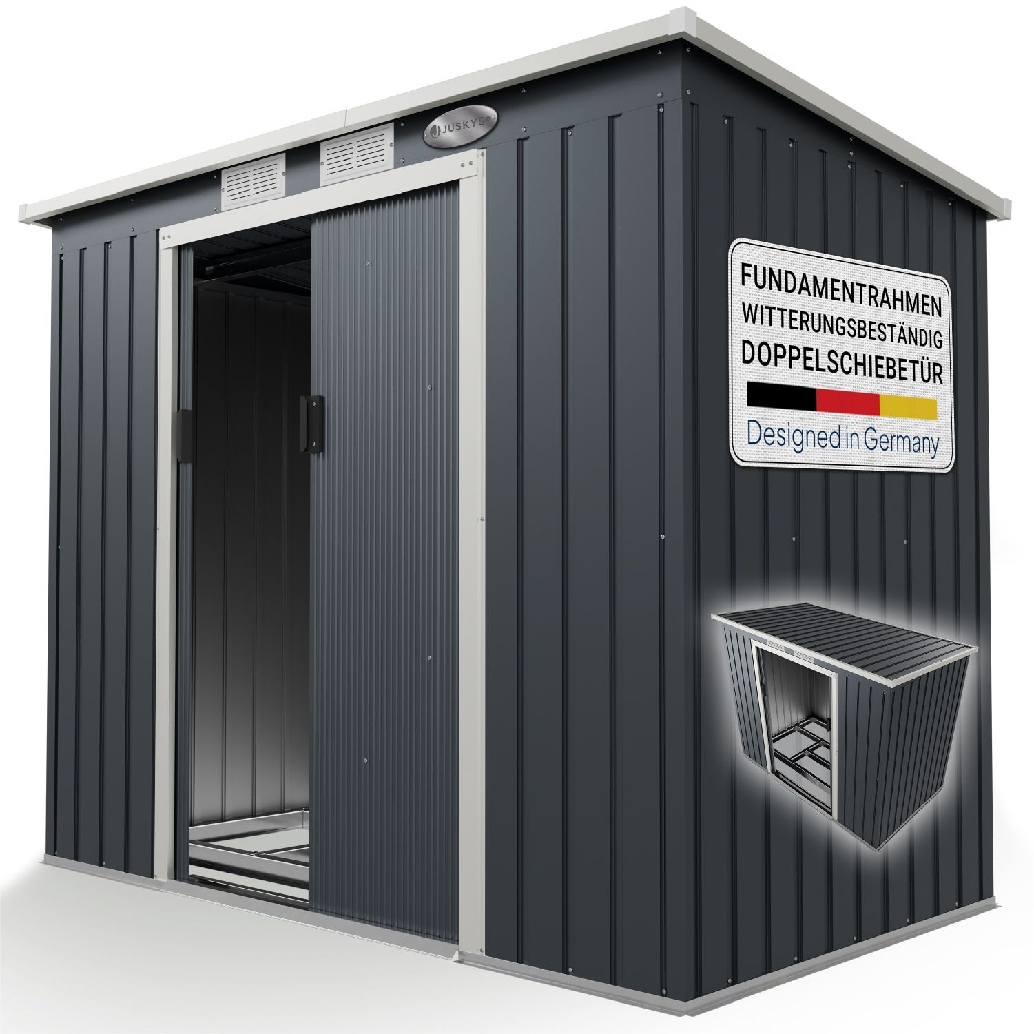Juskys Metall Ger&auml;tehaus Ger&auml;teschuppen M mit Pultdach, Schiebet&uuml;r & Fundament 4m&sup3; anthrazit 