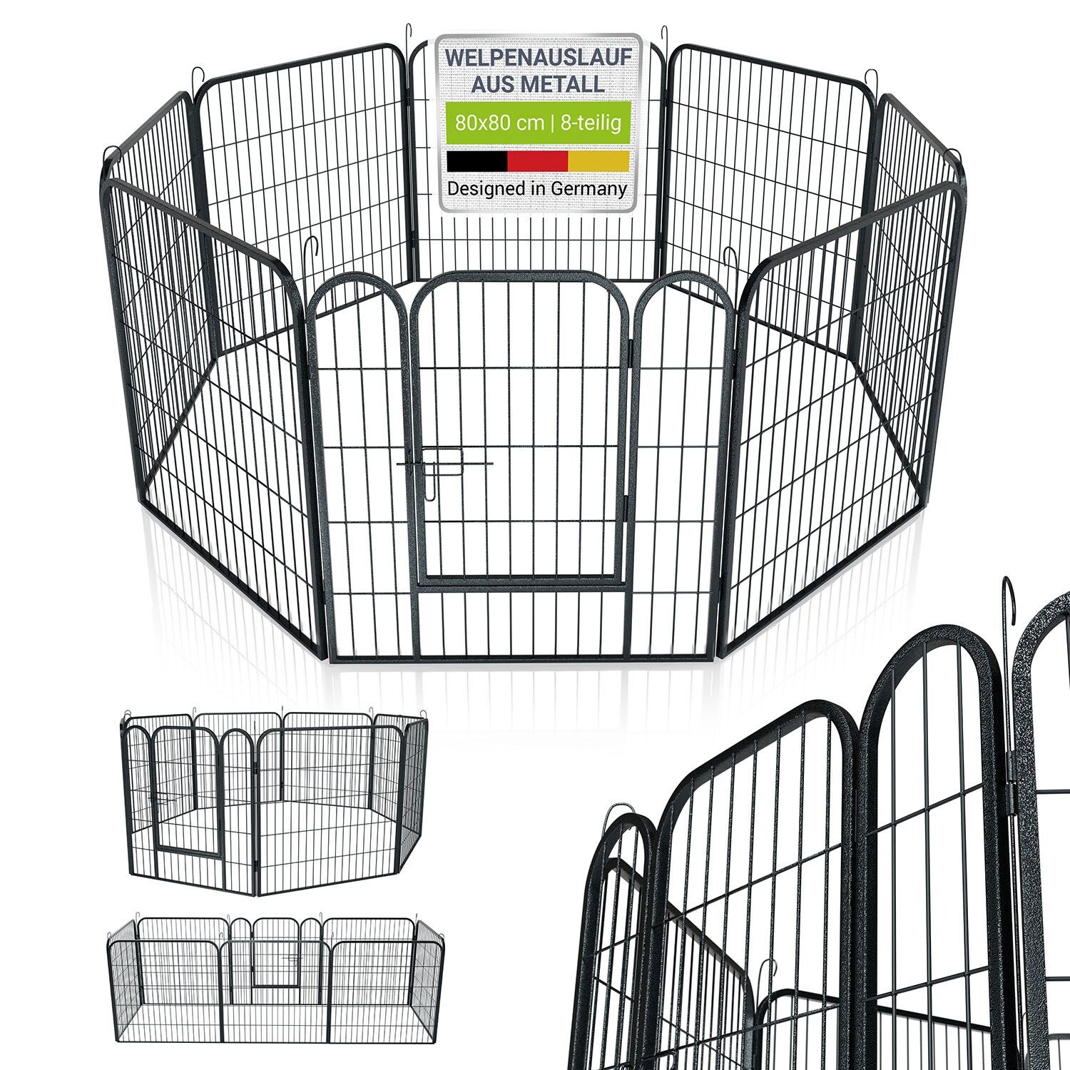 Welpenauslauf Plus 160x160x80 cm, 8-teilig aus Metall mit Tür für Hunde, Hasen & Kleintiere