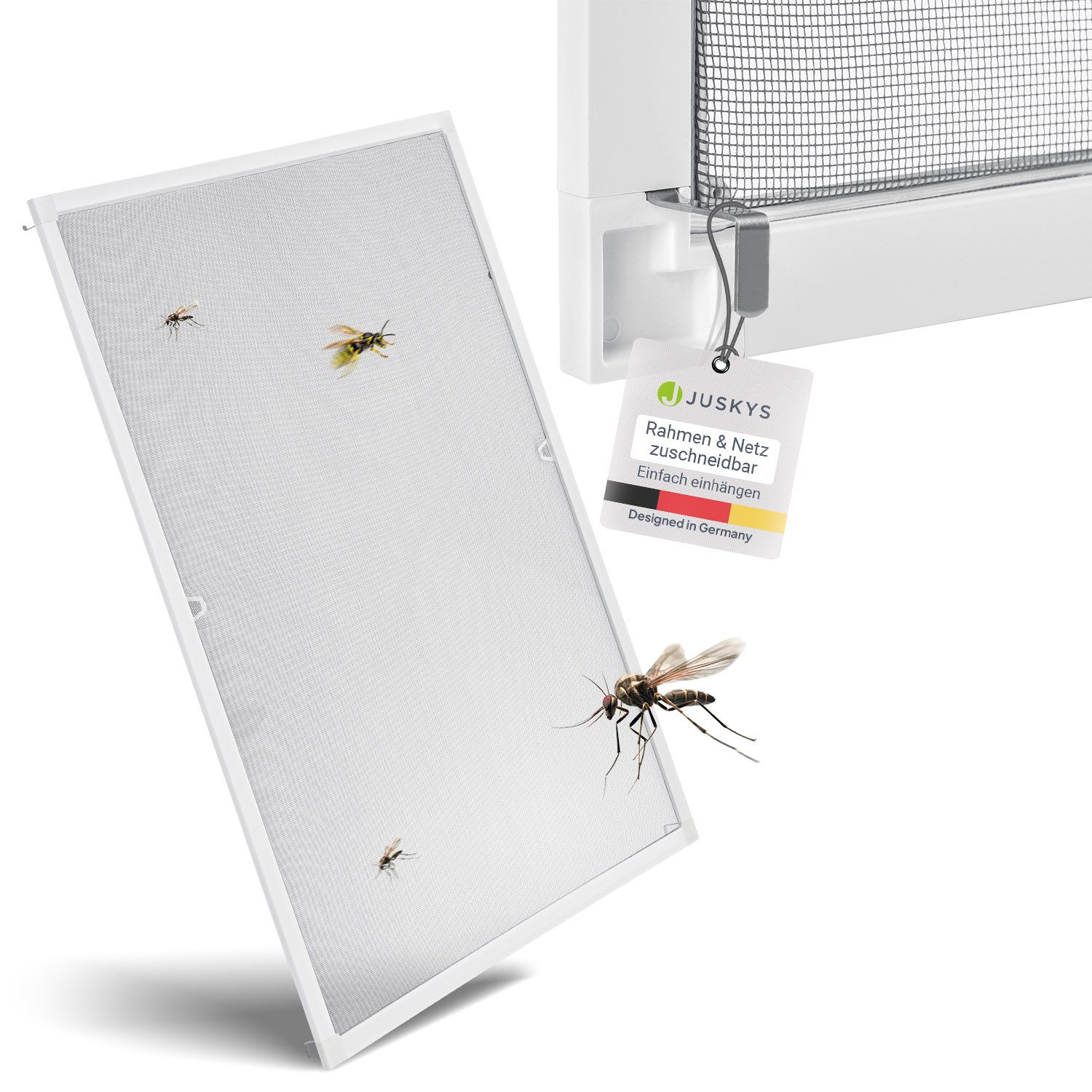 Juskys Fliegengitter mit Alu-Rahmen 100 x 120 cm f&uuml;r Fenster zum Einh&auml;ngen UV-best&auml;ndig in Wei&szlig; 
