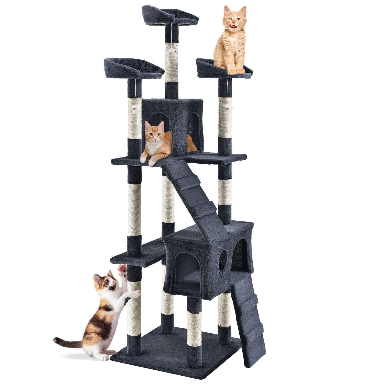 Juskys Kratzbaum Amy Dunkelgrau &ndash; Katzenbaum mit H&ouml;hlen, Liegefl&auml;chen, Leitern & Sisal-St&auml;mmen 