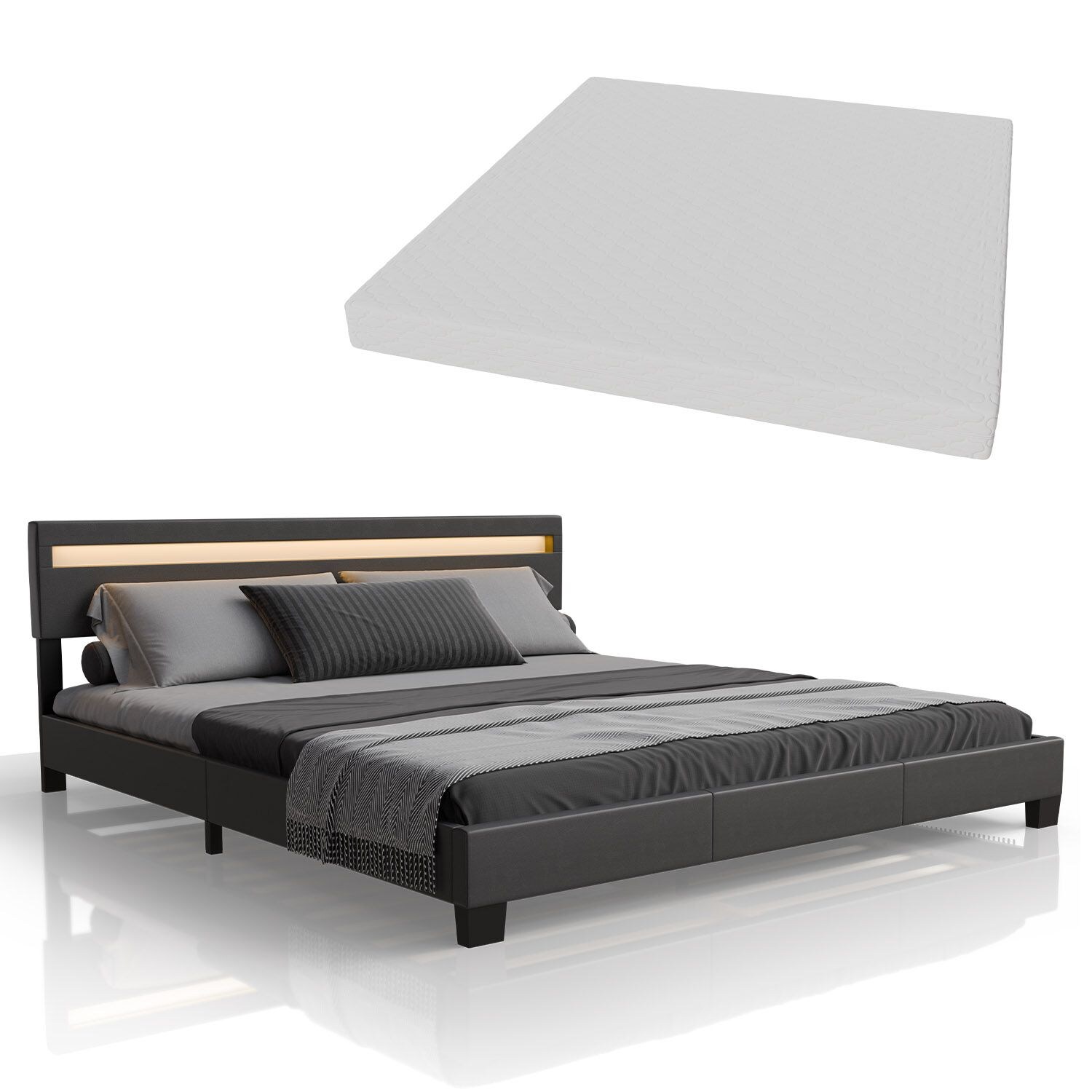 Juskys Polsterbett Paris 180 x 200 cm Doppelbett in dunkelgrau mit Kaltschaummatratze 