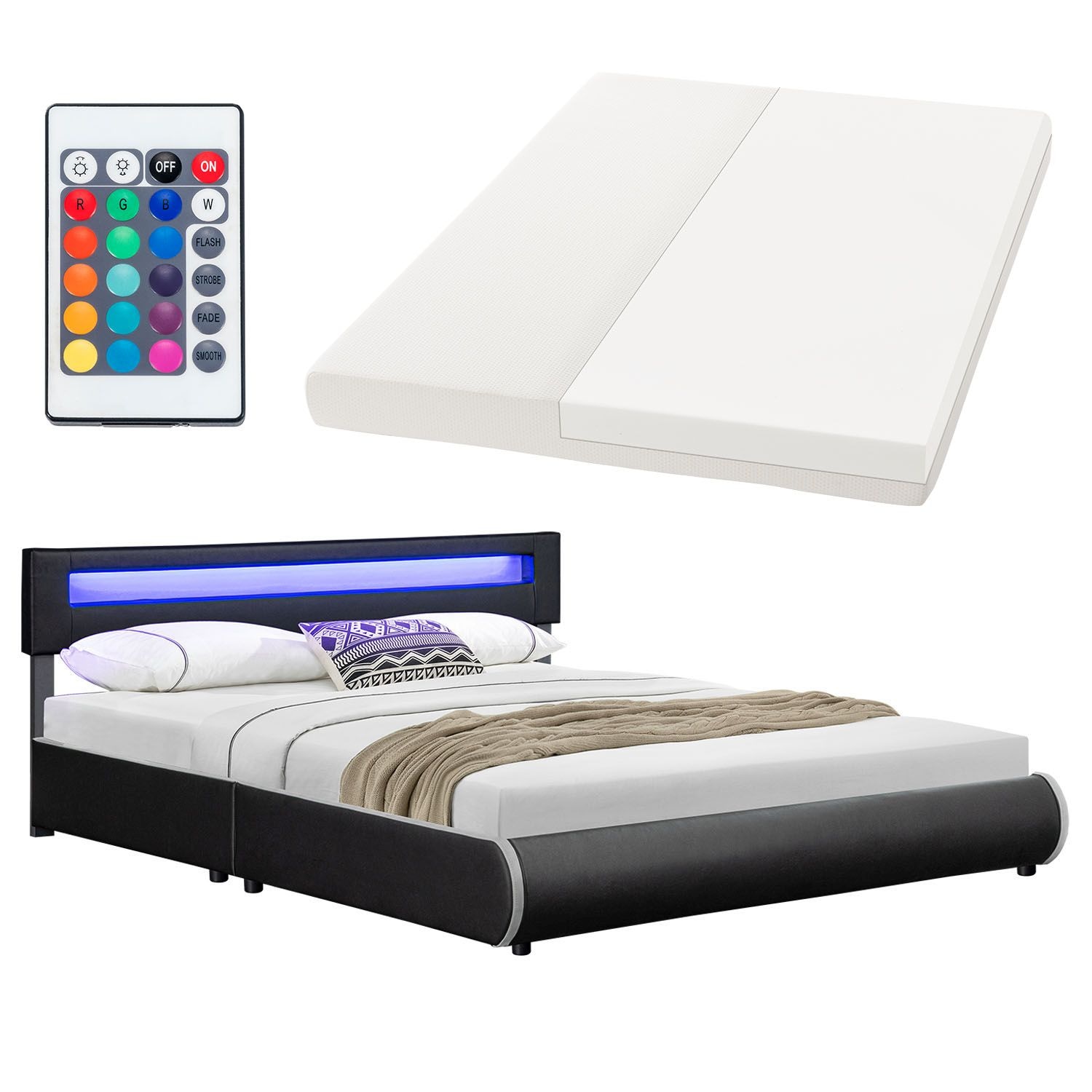 Juskys Polsterbett Sevilla 180 x 200 cm schwarz Doppelbett Ehebett mit Kaltschaummatratze 