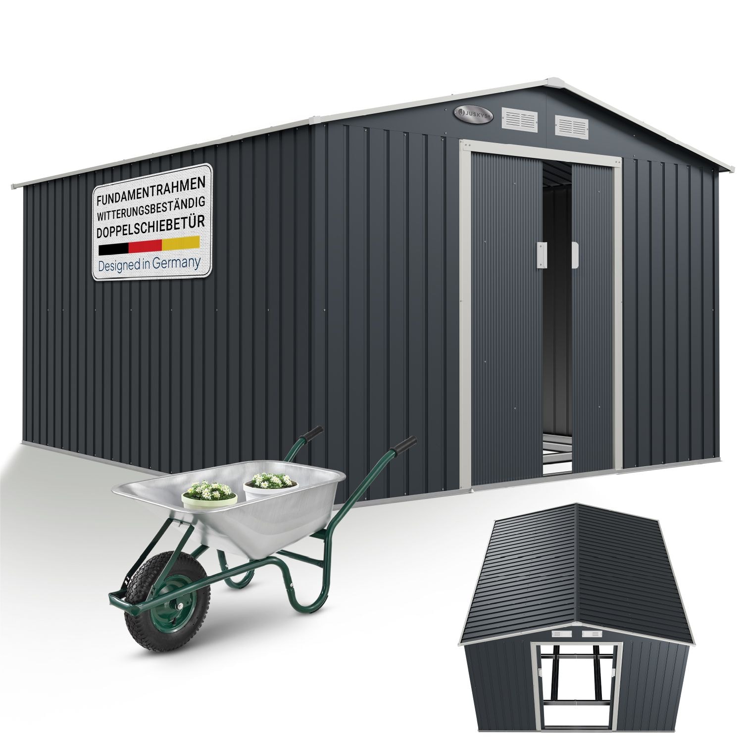 Juskys Metall Ger&auml;tehaus Ger&auml;teschuppen XXL mit Satteldach, Schiebet&uuml;r & Fundament 15m&sup3; anthrazit 