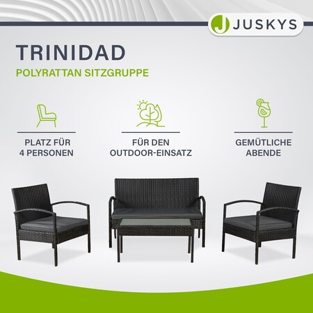 Juskys Polyrattan Balkonmöbel Trinidad schwarz, 4 Personen - Tisch, Bank, 2  Stühle, graue Auflagen bei Marktkauf online bestellen