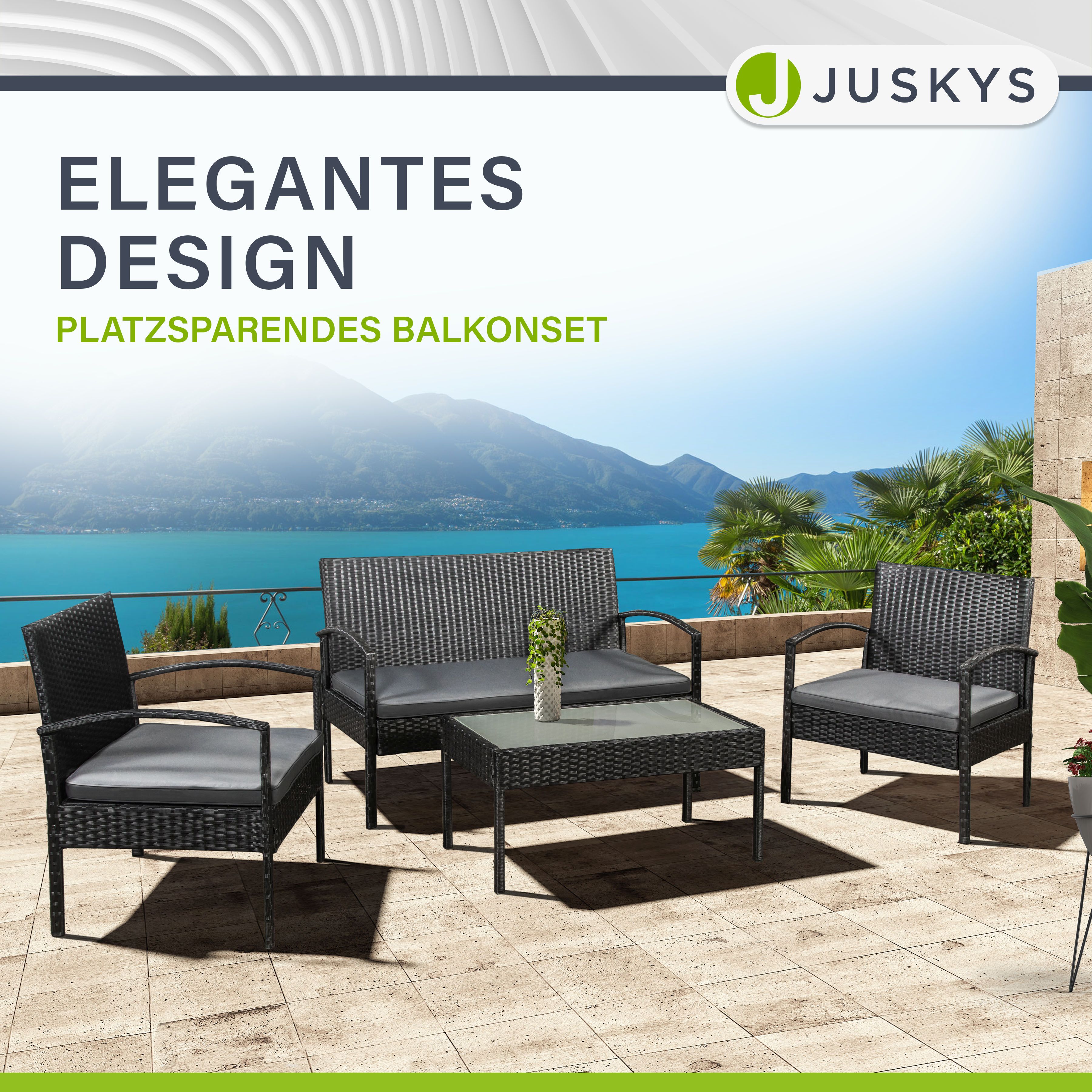 Juskys Polyrattan Balkonmöbel Trinidad schwarz, 4 Personen