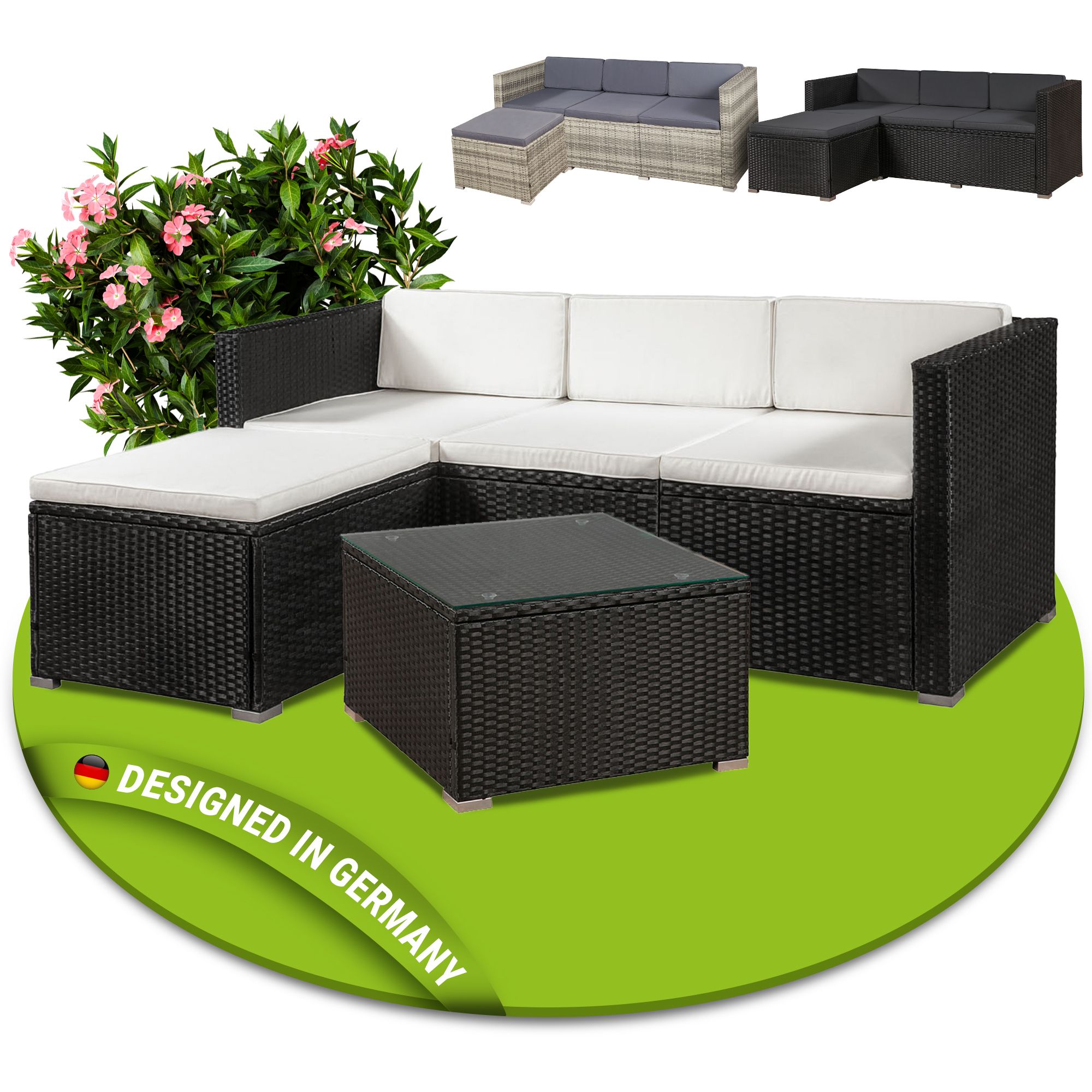 Juskys Polyrattan Lounge Punta Cana M schwarz f&uuml;r 3-4 Personen &ndash; Sofa, Tisch & Hocker 