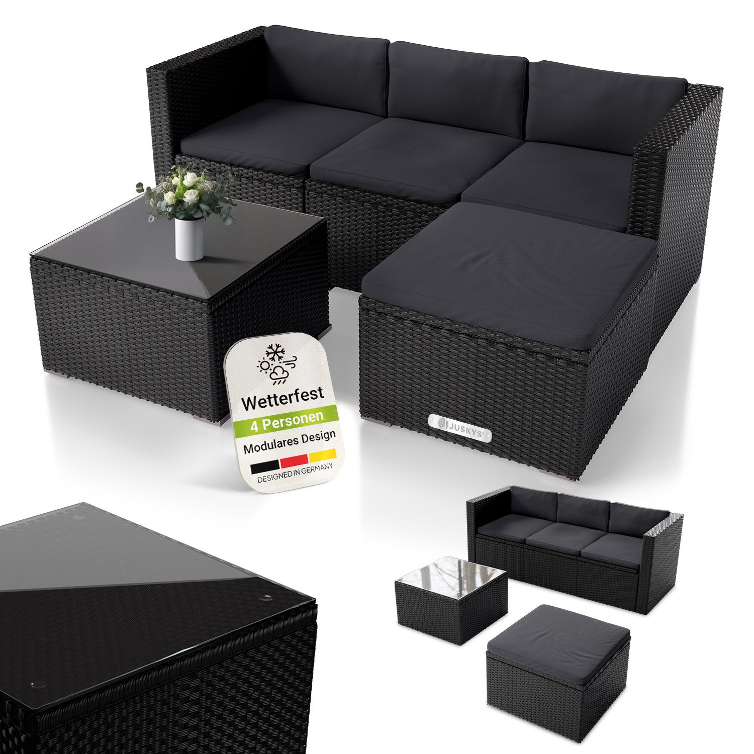 Juskys Polyrattan Lounge Punta Cana M schwarz für 3-4 Personen – Sofa, Tisch & Hocker bei Marktkauf online bestellen