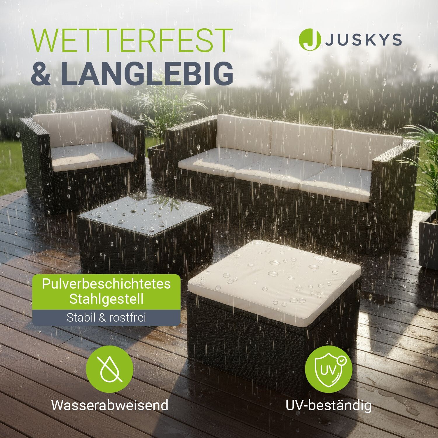 Polyrattan Lounge Punta Cana L schwarz für 4-5 Personen – Sessel, Sofa, Tisch & Hocker