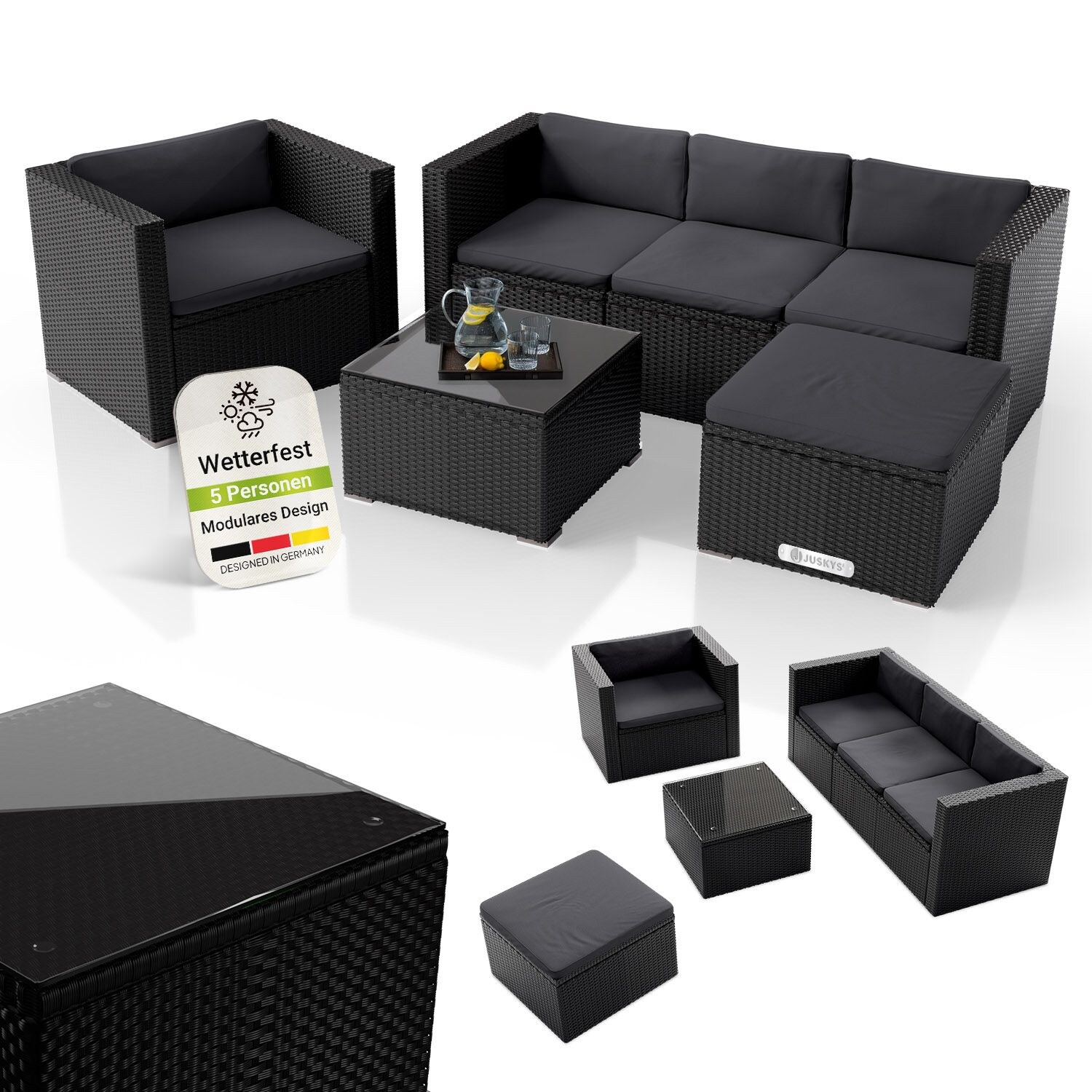 Polyrattan Lounge Punta Cana L schwarz für 4-5 Personen – Sessel, Sofa, Tisch & Hocker